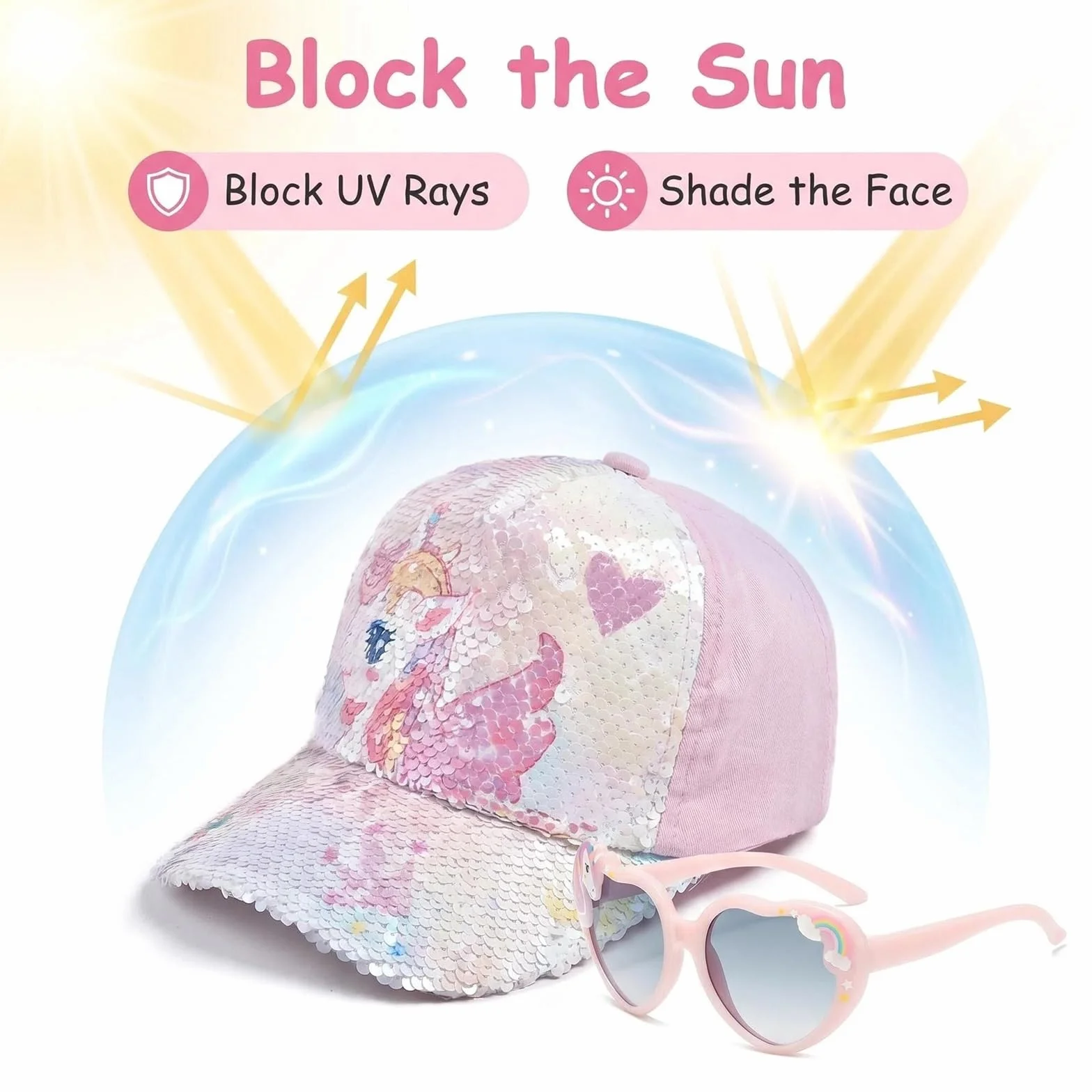 Gorra y Gafas de Sol para Niña, Gorra de Béisbol Rosa Ajustable Unicornio con Protección UV, 3-8 Años