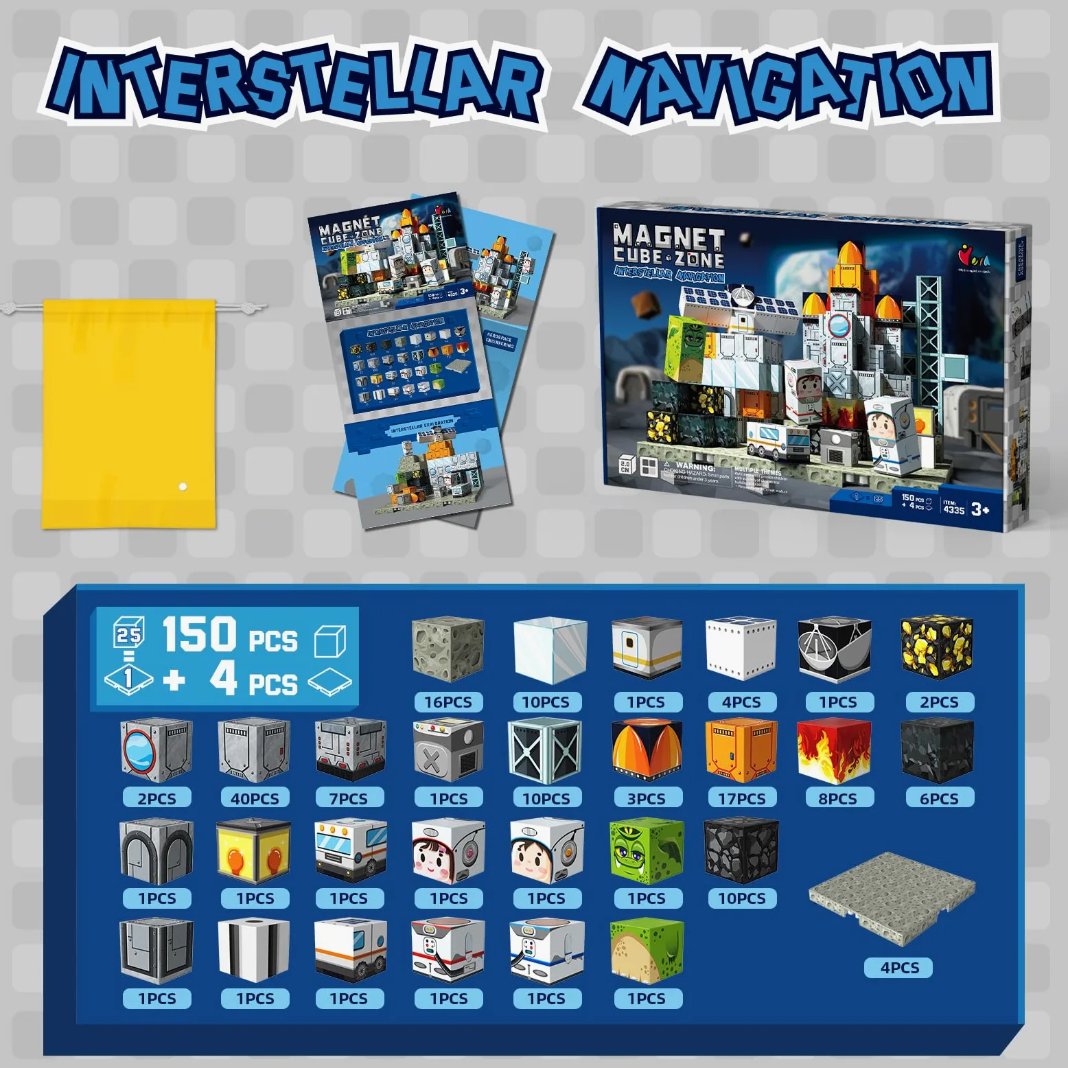 Bloques magnéticos espaciales de 150 piezas | Juguetes educativos STEM para niños mayores de 3 años, juego de construcción apilable creativo con cubos magnéticos de 0,8 pulgadas