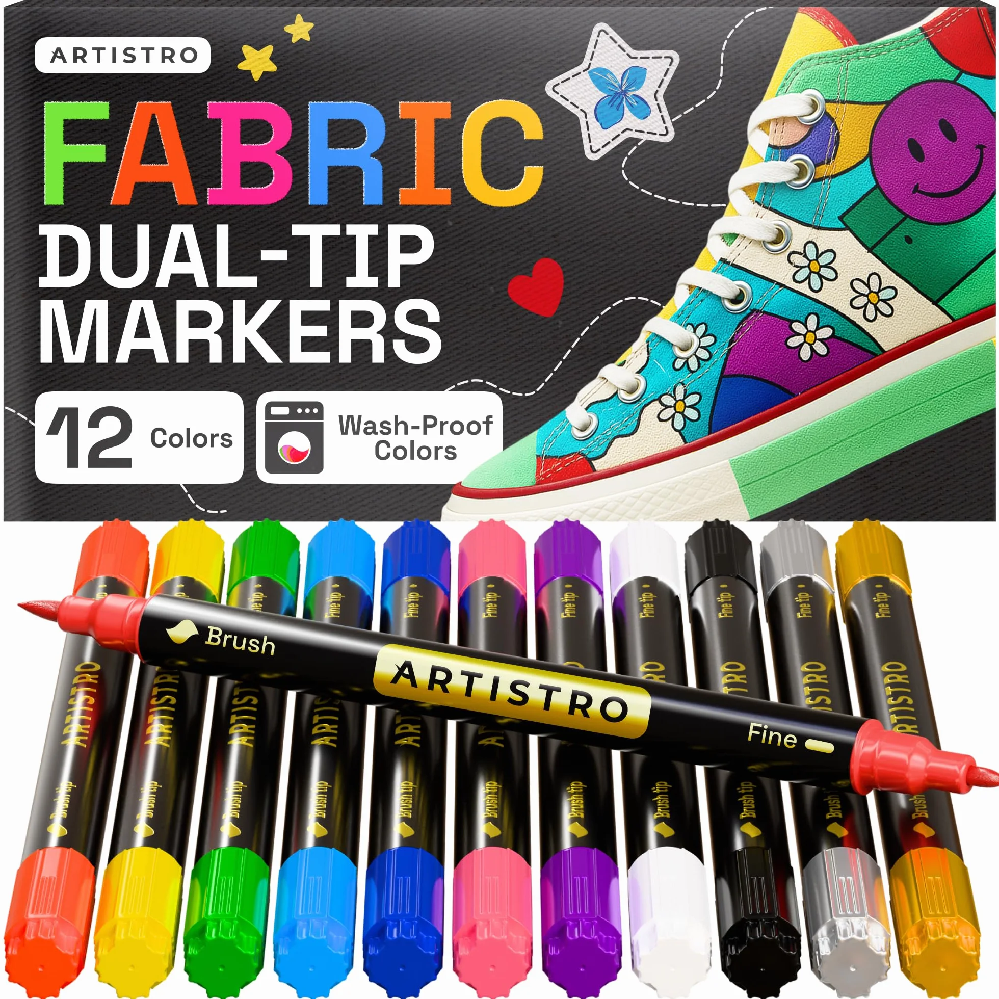 ARTISTRO 12 Marcadores de Tela de Doble Punta - Kit de Decoración Textil - Permanente para Ropa - Rotuladores Sin Manchas para Camisetas, Bolsas, Textiles, Lienzos y Más (Punta de Pincel y Punta Fina)