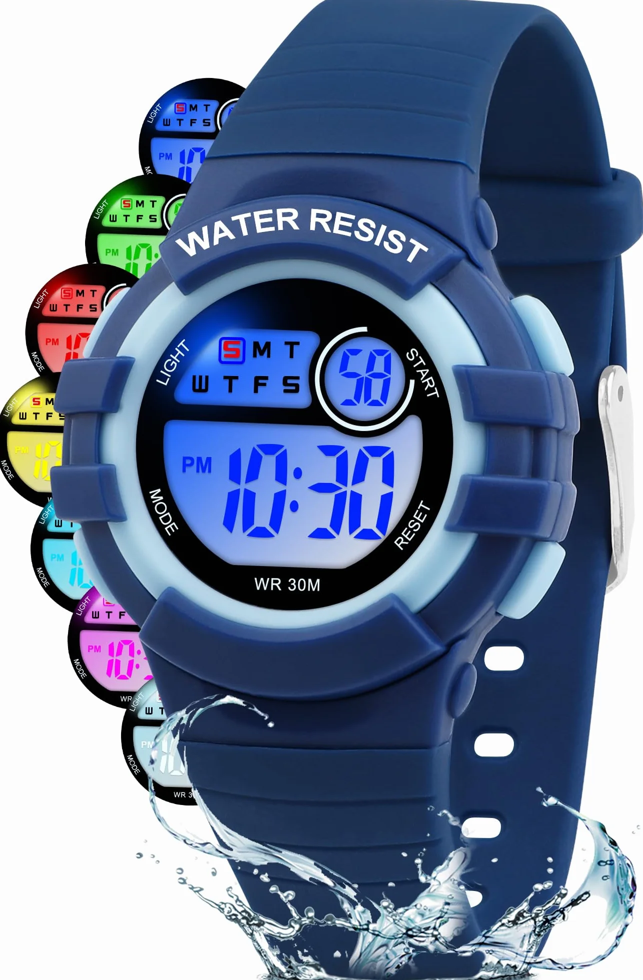 Reloj Niño Digital Infantil con 7 Luces LED, Impermeable 3 ATM, Alarma, Fecha, Cronómetro, Deportivo Pulsera