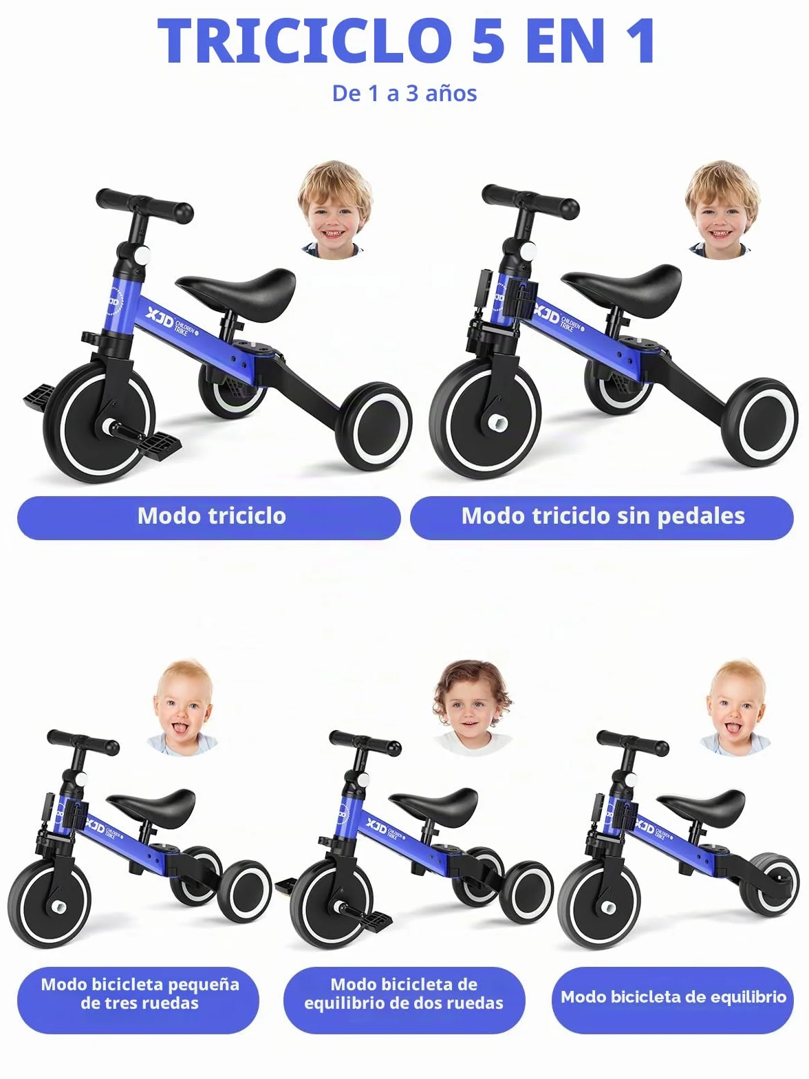 XJD 3 en 1 Triciclo Evolutivo de Bebé para Niños de 1-3 años, Triciclo a Bicicleta bebé con o sin Pedales, Bicicleta Niño con Asiento y Manillar Ajustables, Adaptable y Transformable, Marrón