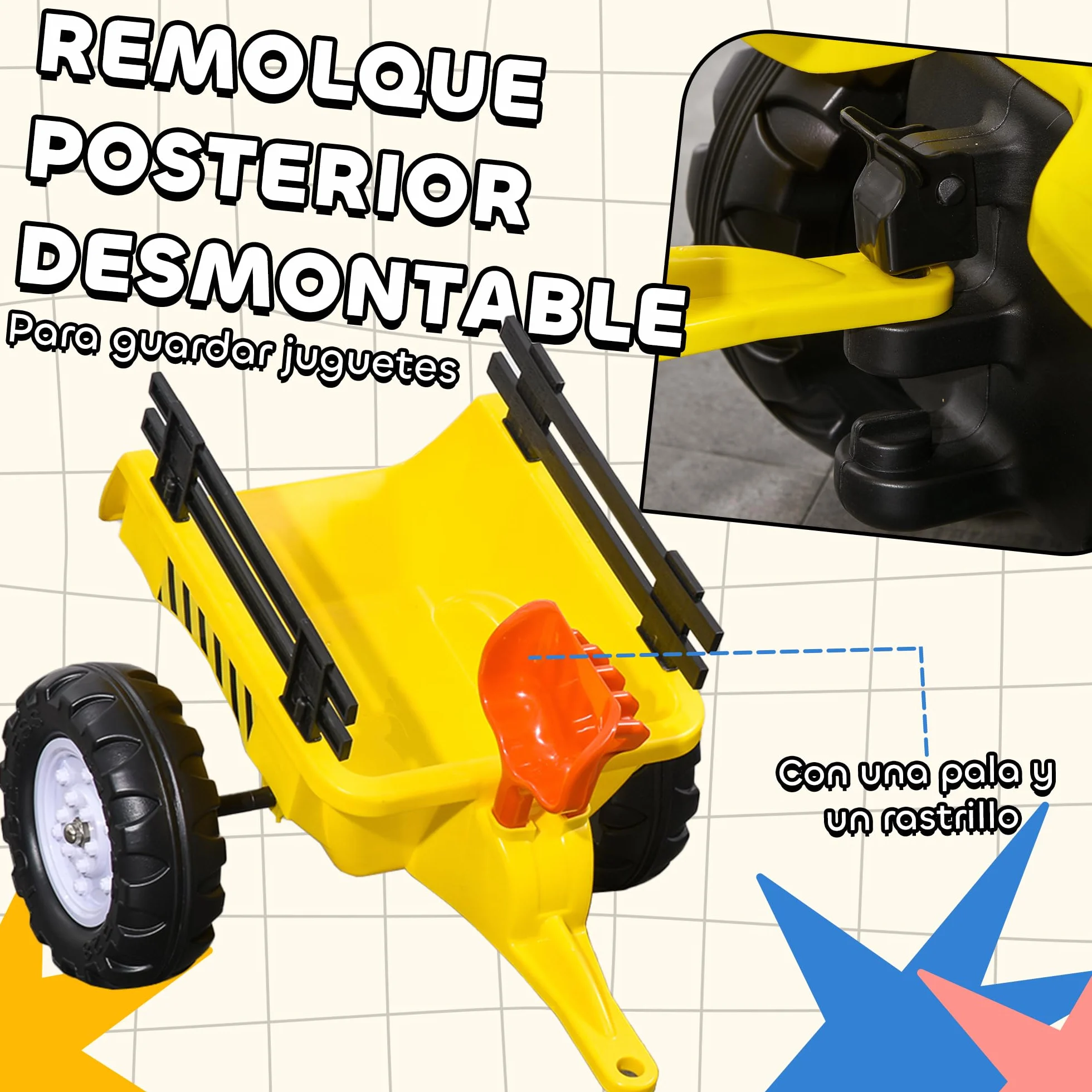 HOMCOM Tractor a Pedales para Niños de 3 Años con Remolque Juguete de Montar Coche de Pedales Carga 35 kg 133x42x51 cm Amarillo