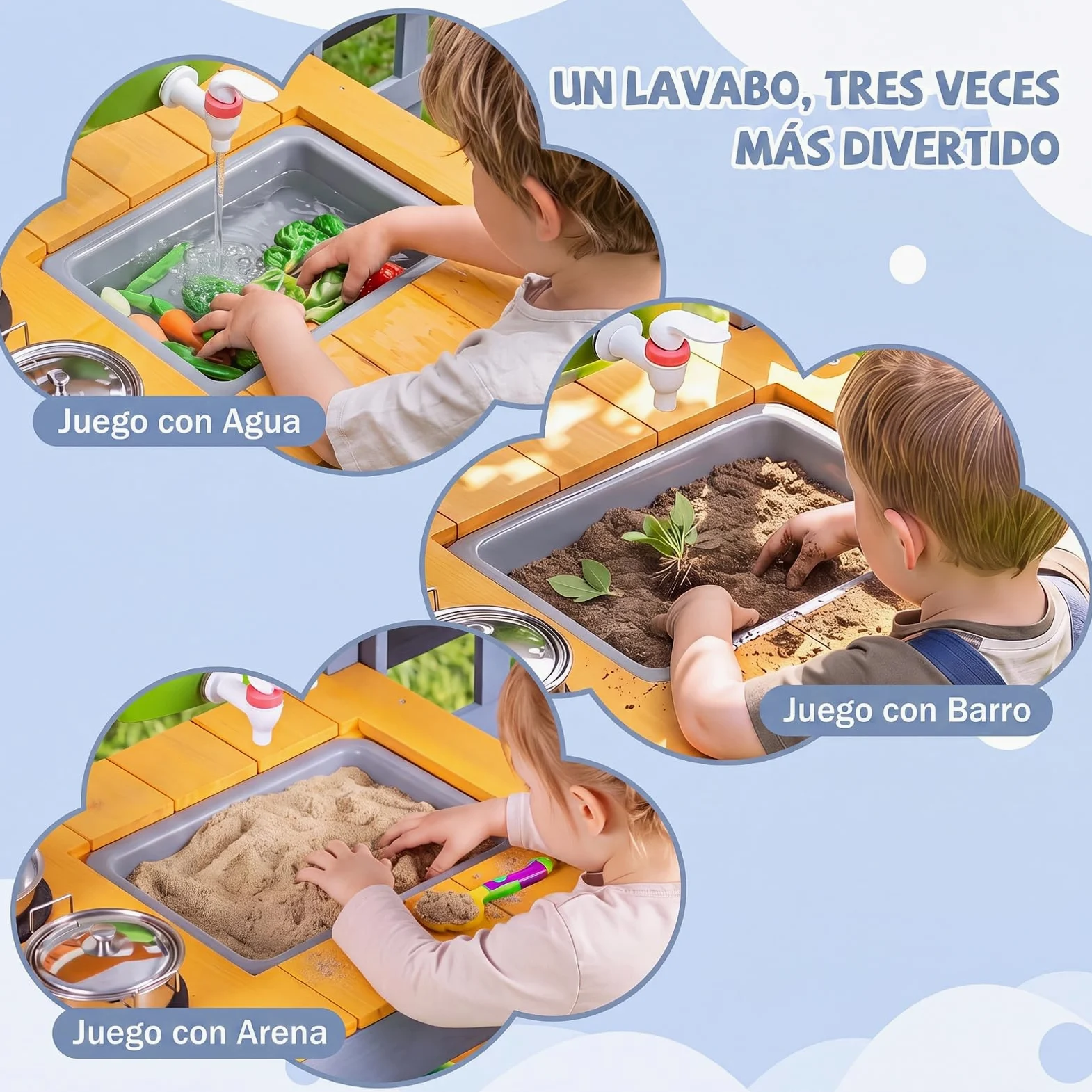 COSTWAY Cocina de Barro Exterior para Niños, Cocinita de Madera Infantil | con Jardinería, Estantes, Pizarras, Fregadero, Depósito de Agua, Macetas, Sartén, Juego de Rol para 3+ Años