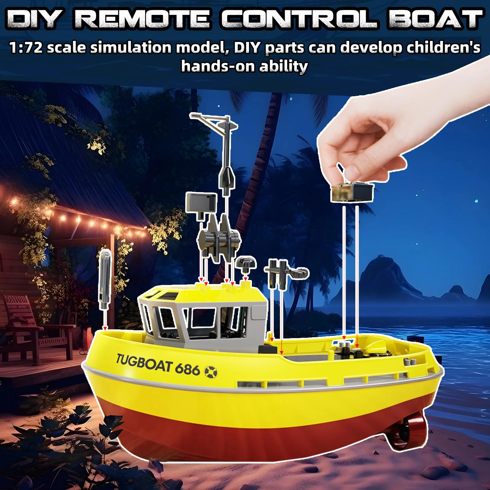 FORMIZON Barco Teledirigido, 1:72 Barco Teledirigido De Bricolaje A Escala, 2.4GHz Lancha Teledirigida con Luces LED, Juguetes Acuáticos de Verano para Niños y Adultos