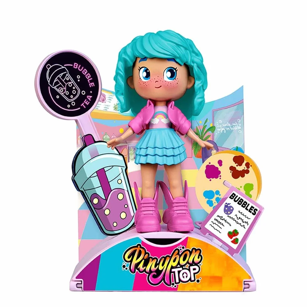 Pinypon TOP Bubble Tea Girl, Chica TOP con Temática Té de Burbujas, Figura Articulada de Brazos y Piernas, Doble Cara y Ropa y Zapatos Intercambiables, Sobre con Accesorios, +4 años, Famosa (PNN01300)