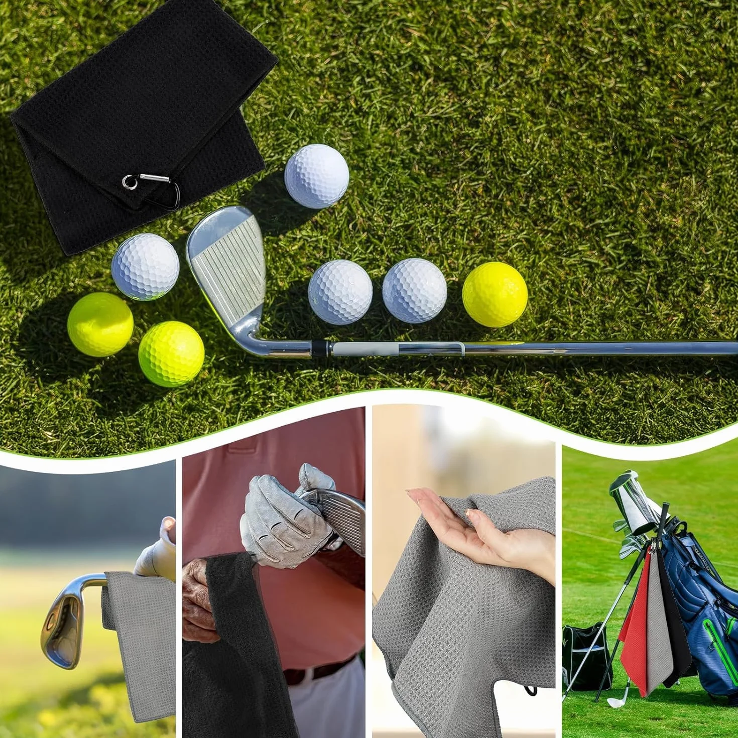 MEISO Toallas de Golf Microfibra 40xcm Ultra Absorbente Mosquetón Diseño Gofre Secado Rápido Negro