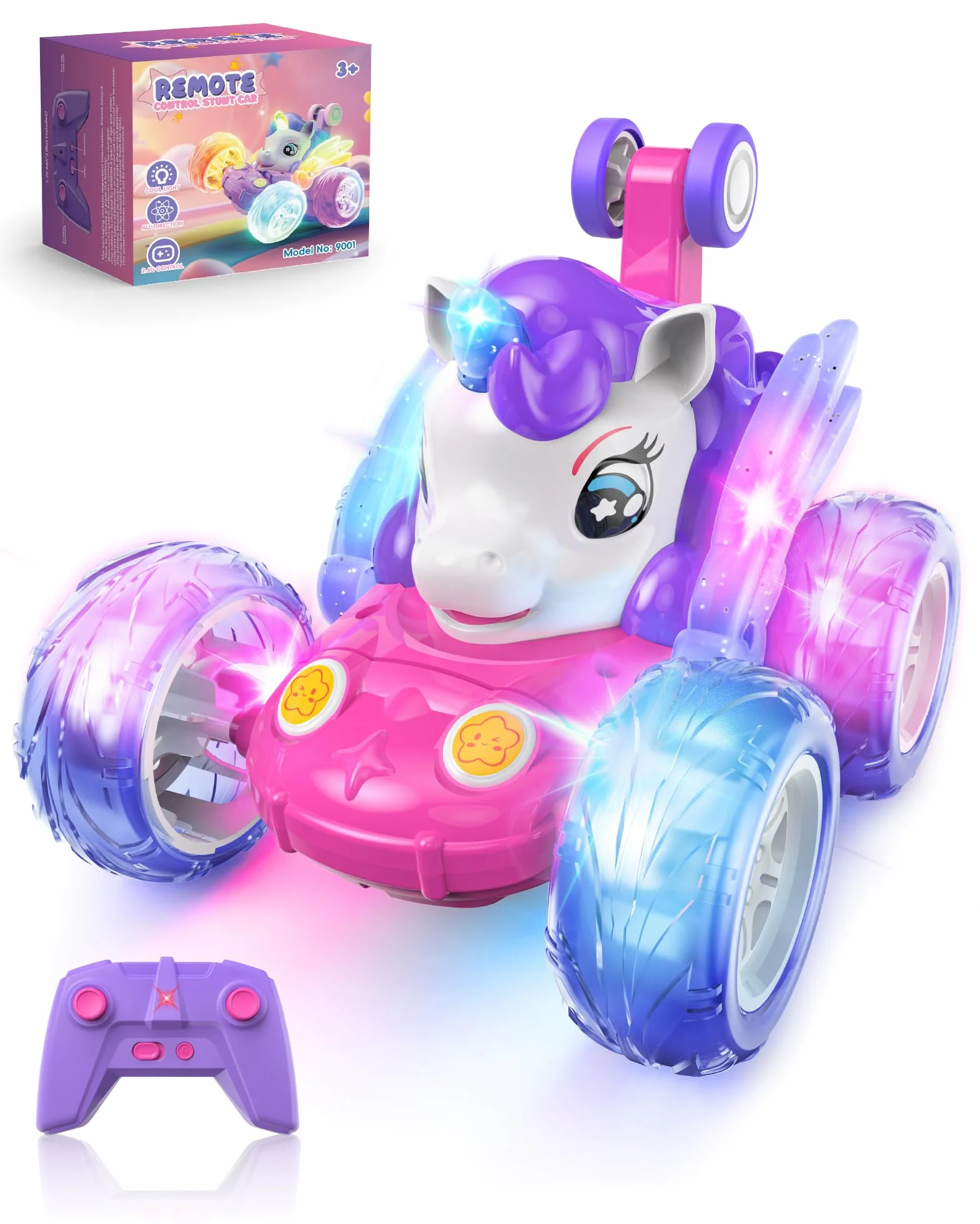 Kiztoys Unicorn Coche Teledirigido - Coches de Juguete para Niñas de 3 4 5 6 Años, Unicornio Teledirigidos Monster Truck con luz LED, Regalo de Juguete para Niñas 3+ Años