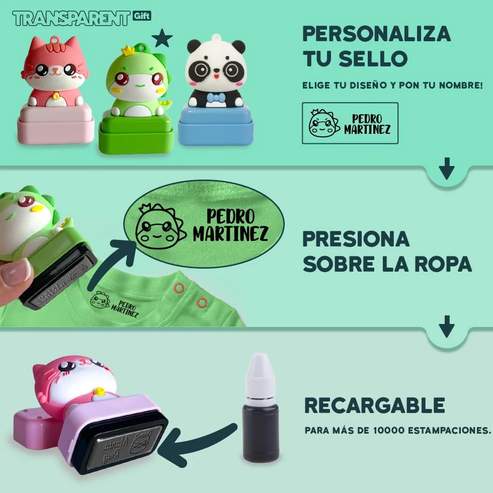 Transparent Gift Sello Personalizado para Ropa Infantil con Nombre Muñecos Animales. Sellos Personalizados Ropa Niños. Sello para Marcar. Tinta Negra Resistente al Agua. Regalos de Vuelta al Cole