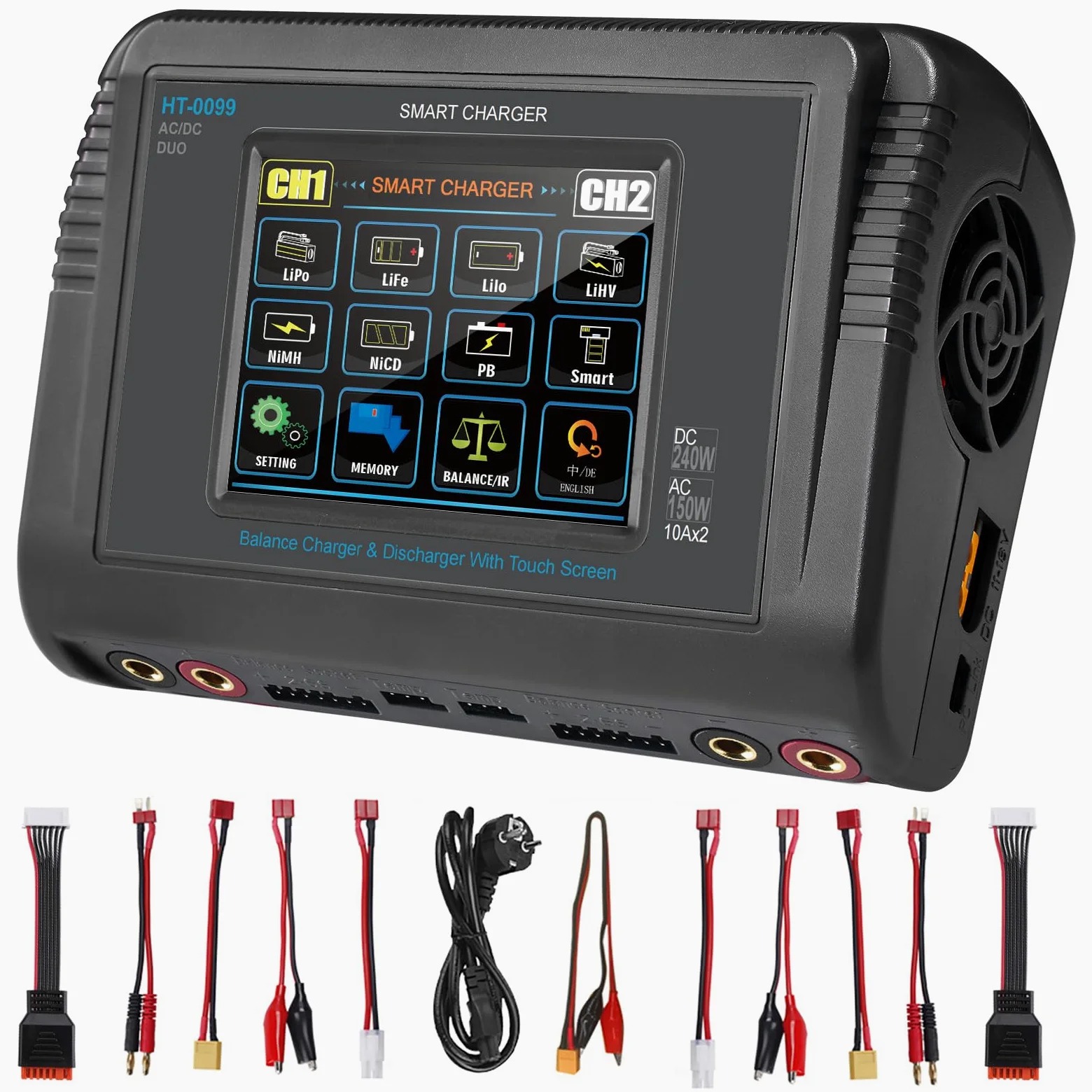 Haisito LiPo - Cargador para pantalla táctil, doble balance, CA 150 W, CC, 240 W, 10 A, para vida útil de iones de litio, NiCd, NiMH, LiHV PB