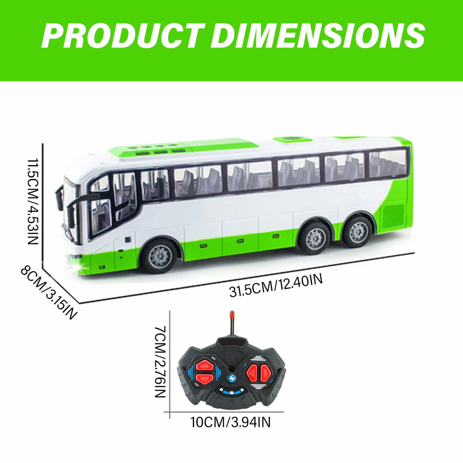 Toy Bus, 12.4x3.2x4.5 pulgadas Juguete de autobús inalámbrico eléctrico, simulador de turismo realista a escala 1:30, control remoto divertido, regalo creativo para niños, sin batería, verde.