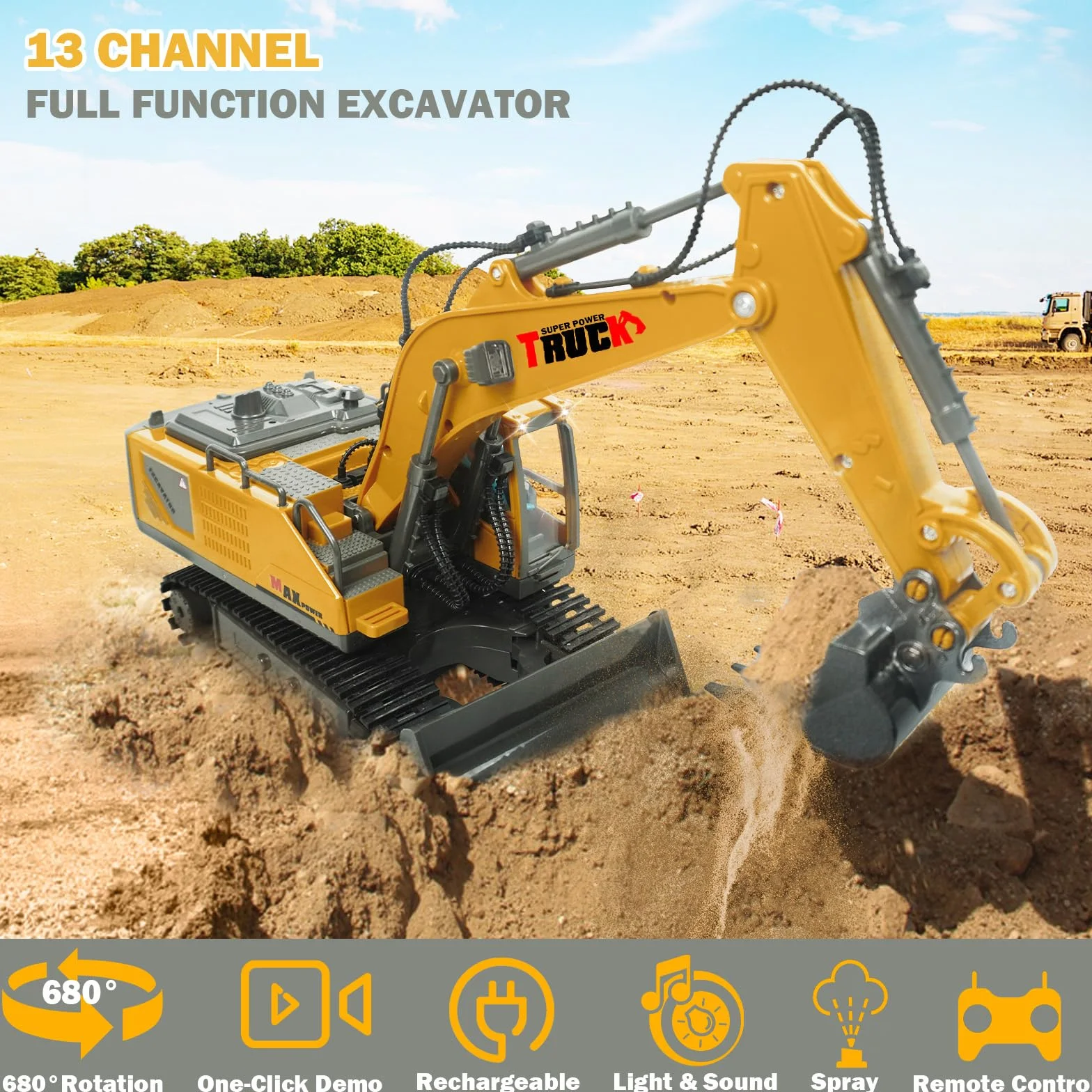 RedCrab Excavadora Teledirigido para Niños, 2.4 GHz Recargable RC Excavadora con el Cubo del Metal, Rotación 680°, Luz y Sonido, Juguete Camión Excavador Regalo de Cumpleaños Navidad