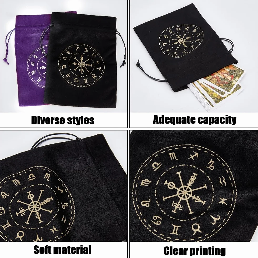 CREATCABIN 2 Bolsa Tarot Terciopelo Almacenamiento Tarjetas Tarot,12 Bolsas Constelaciones,Soporte para Runas con Cordones,Embalaje Grande para Cartas Tarot,Joyería Cristal,Dados,18x13cm,Negro Morado