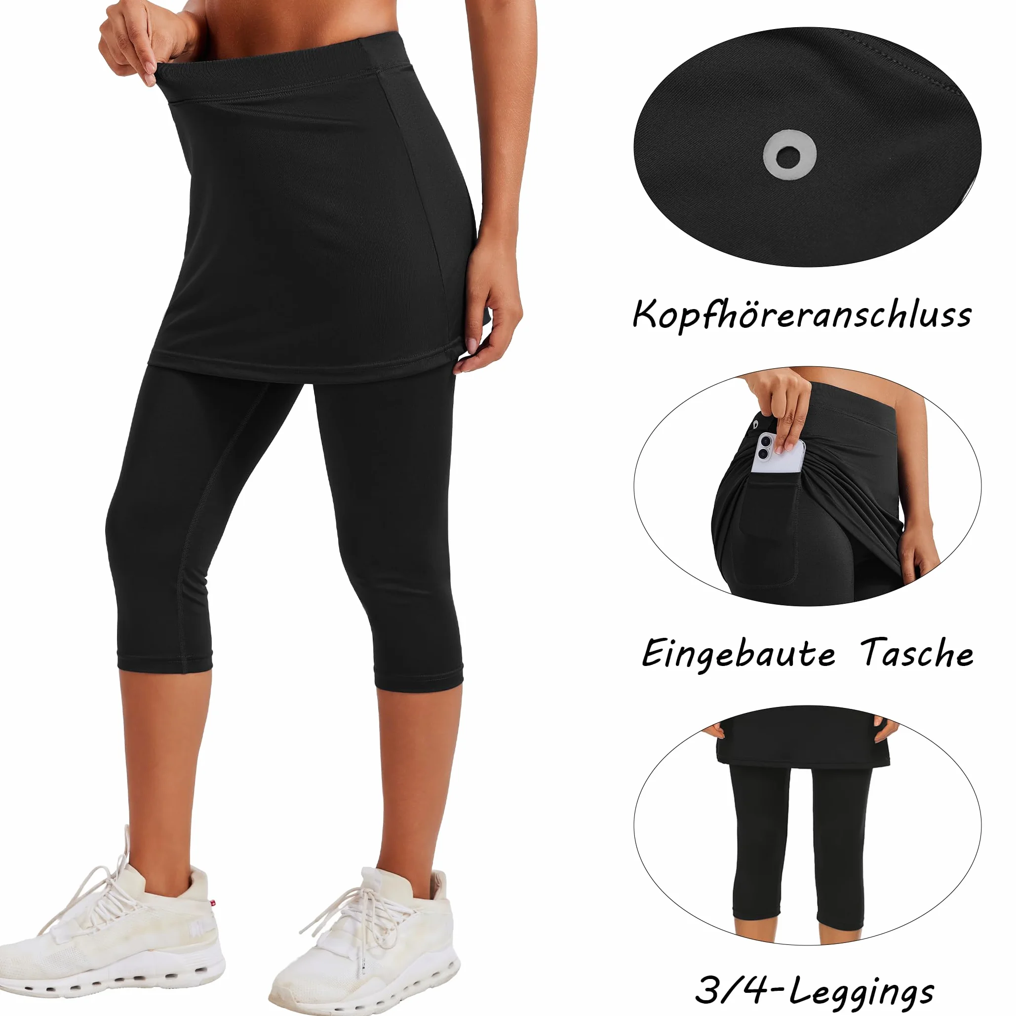 PINSPARK Falda de Tenis para Mujer, Cintura Alta, 2 en 1 con Pantalones Cortos, Correr, Yoga 3/4 con Bolsillos