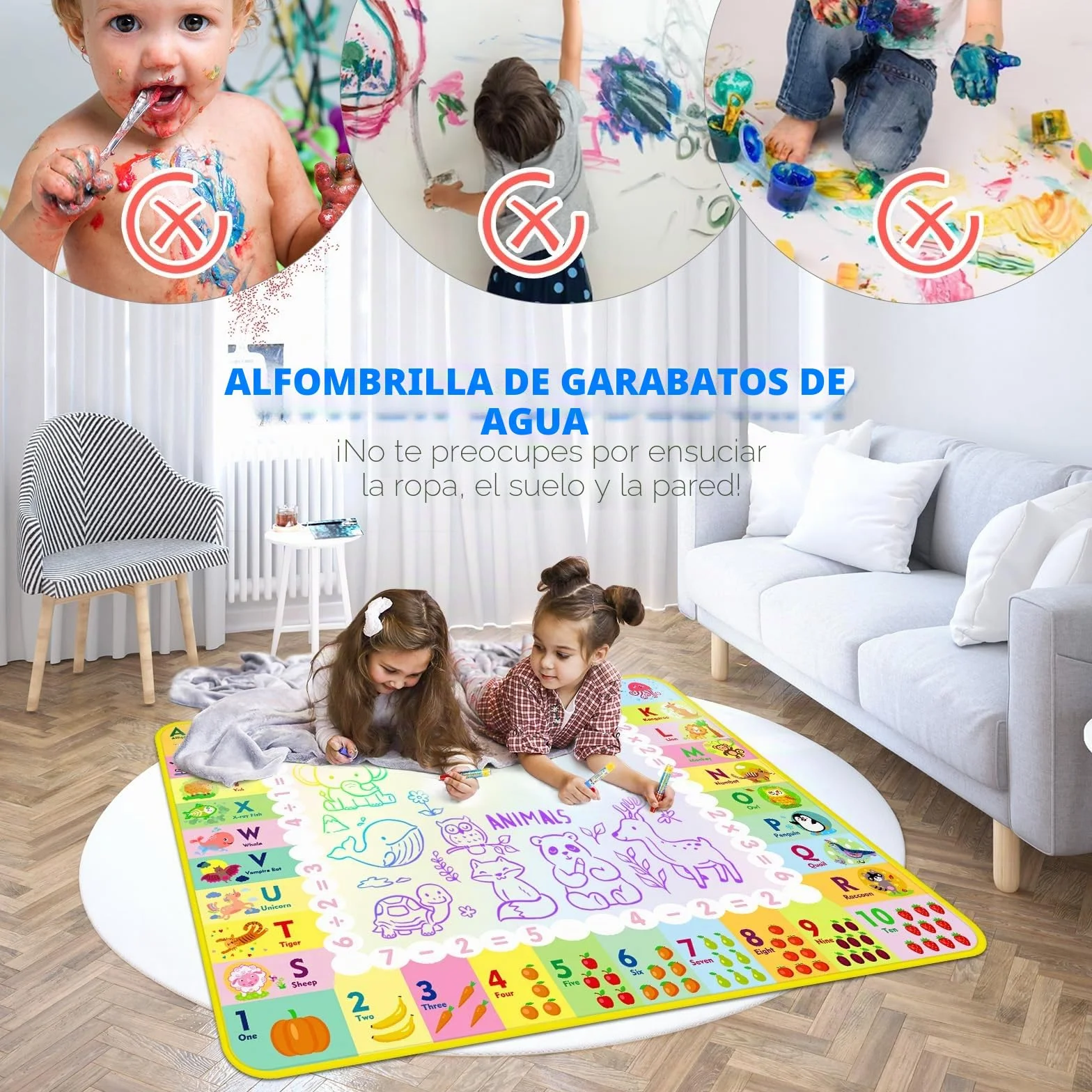 Alfombra para Pintar con Agua, Pizarra Mágica Reutilizable 120x90 cm – Juguete Educativo de Aprendizaje Temprano para Niños de 2 a 6 Años, Regalo sin Tinta ni Mancha con 4 Bolígrafos y Libro de Dibujo