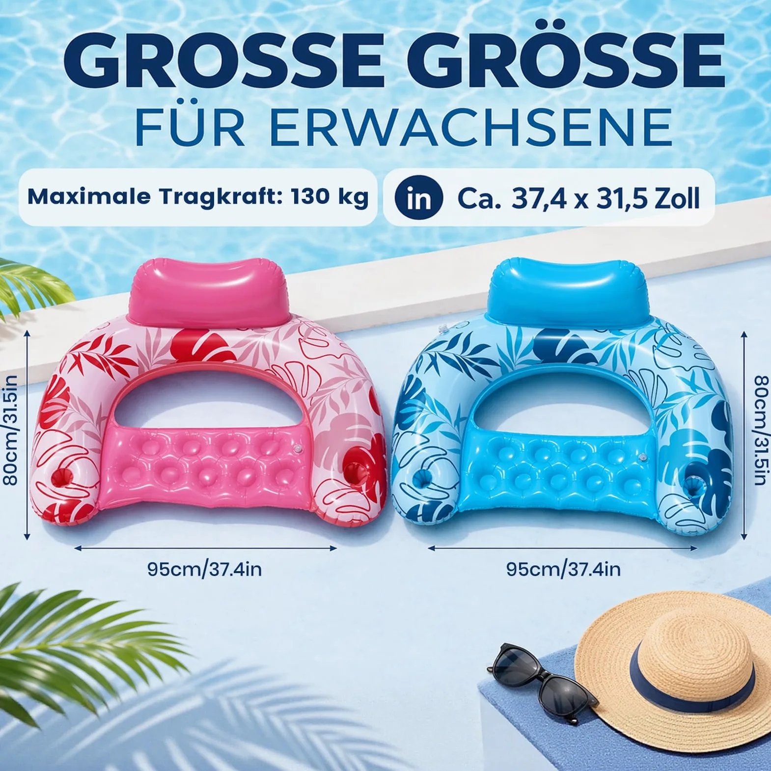 Colchón de aire para piscina, juguete de agua para adultos - Sillón portavasos | Hamaca hinchable para piscina, 2 unidades, color azul y rosa