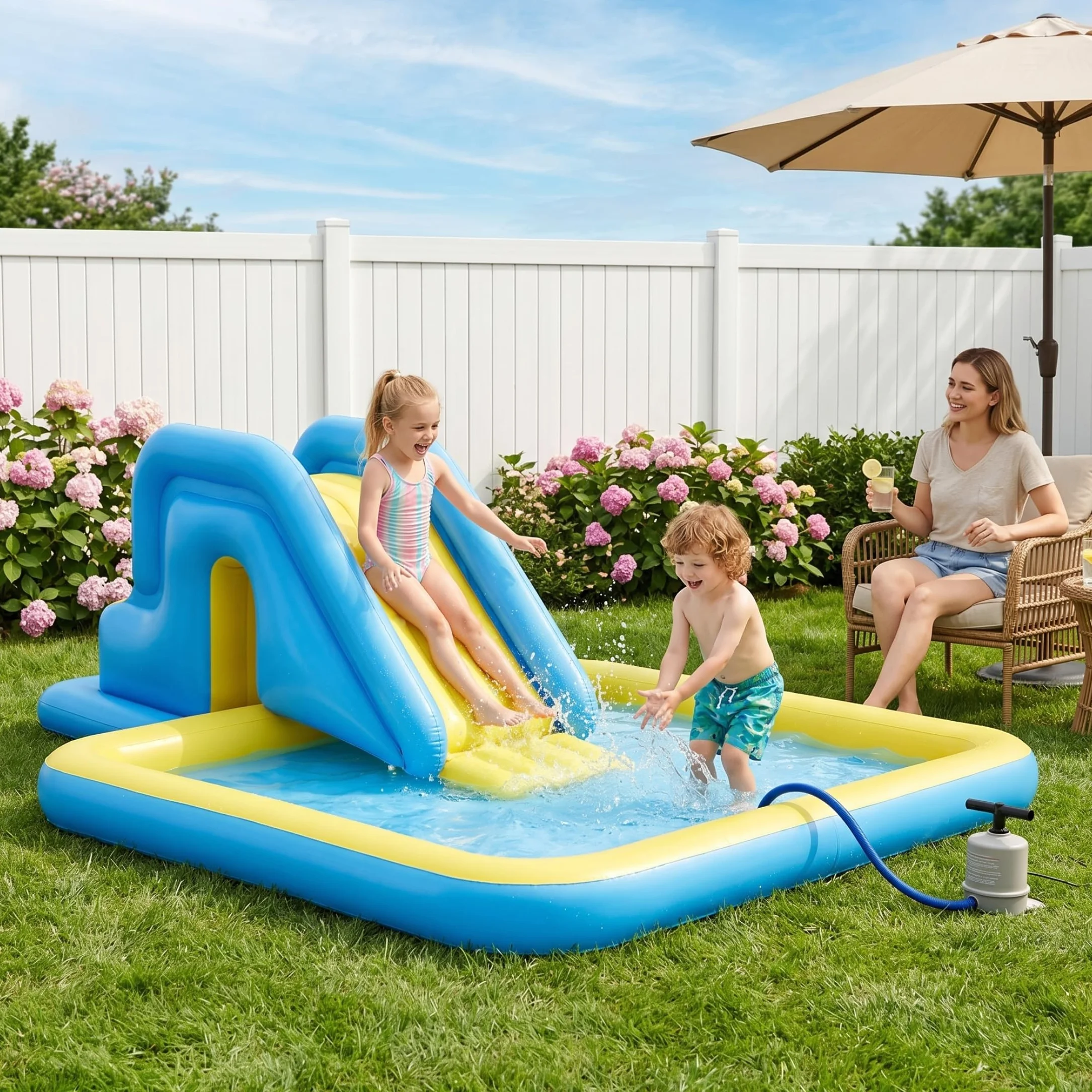 Tobogán Inflable para Piscina Azul Claro con Bomba de pie
