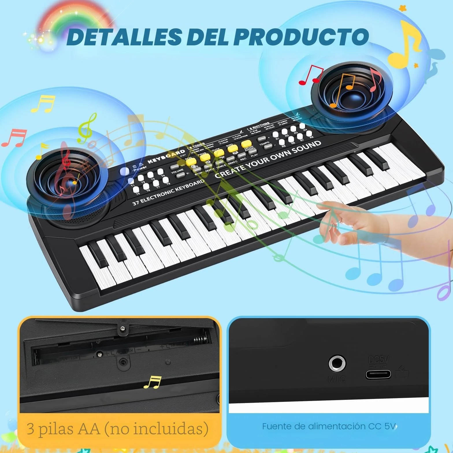 Piano Infantil Teclado Musical 37 Teclas con Micrófono,Multifunción Portátiles Piano Electrico Infantil Juguete, Organo Electronico Niños Educativa Regalo Piano para Niños 3 4 5 6 7 Años