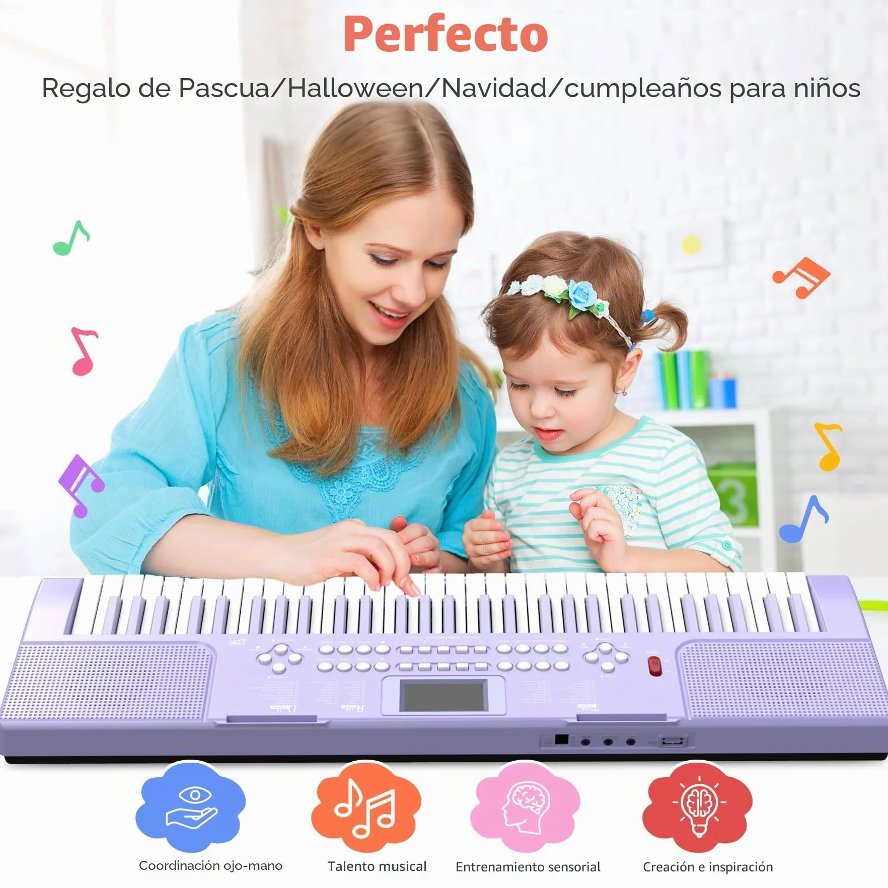 Piano digital electrónico para niños con teclas iluminadas, portátil, de 61 teclas, juguete musical educativo para principiantes con atril y micrófono. (Púrpura)