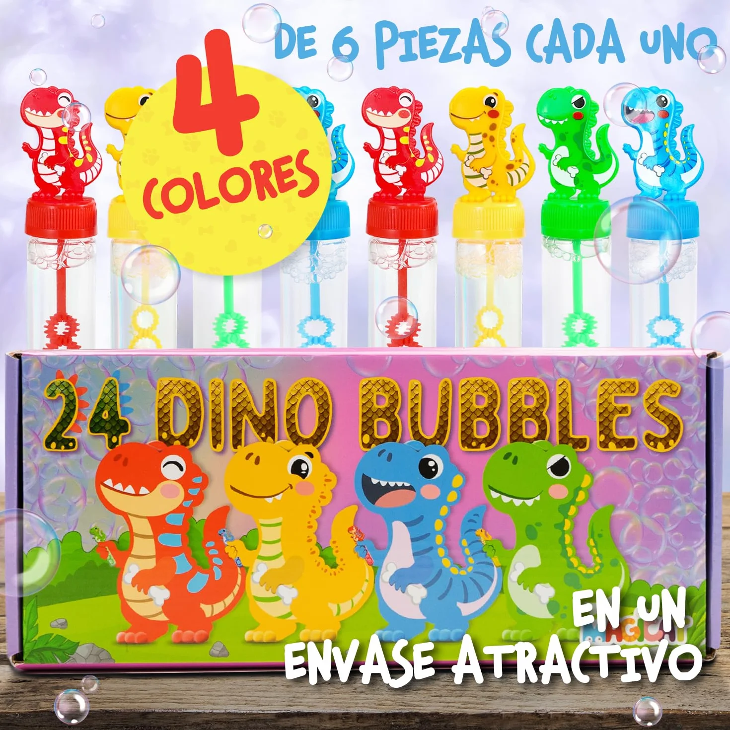 Magicat Juego de 24 pompas de jabón XXL para niños, juego de 24 pompas de jabón con divertidas asas de dinosaurio, obsequios para cumpleaños infantiles, burbujas de jabón líquidas de 30 ml, pompas de