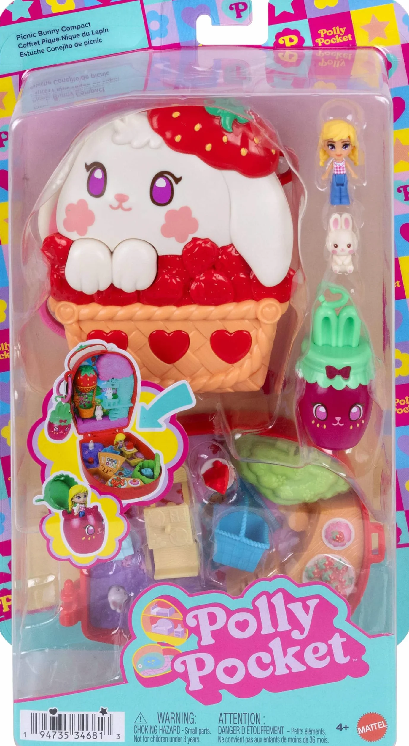 Polly Pocket Estuche Conejito de pícnic, Conjunto de Juego con muñeca, Juguete de Viaje con una minimuñeca, una Mascota y Accesorios temáticos de Fruta, como Fresas, JKC47