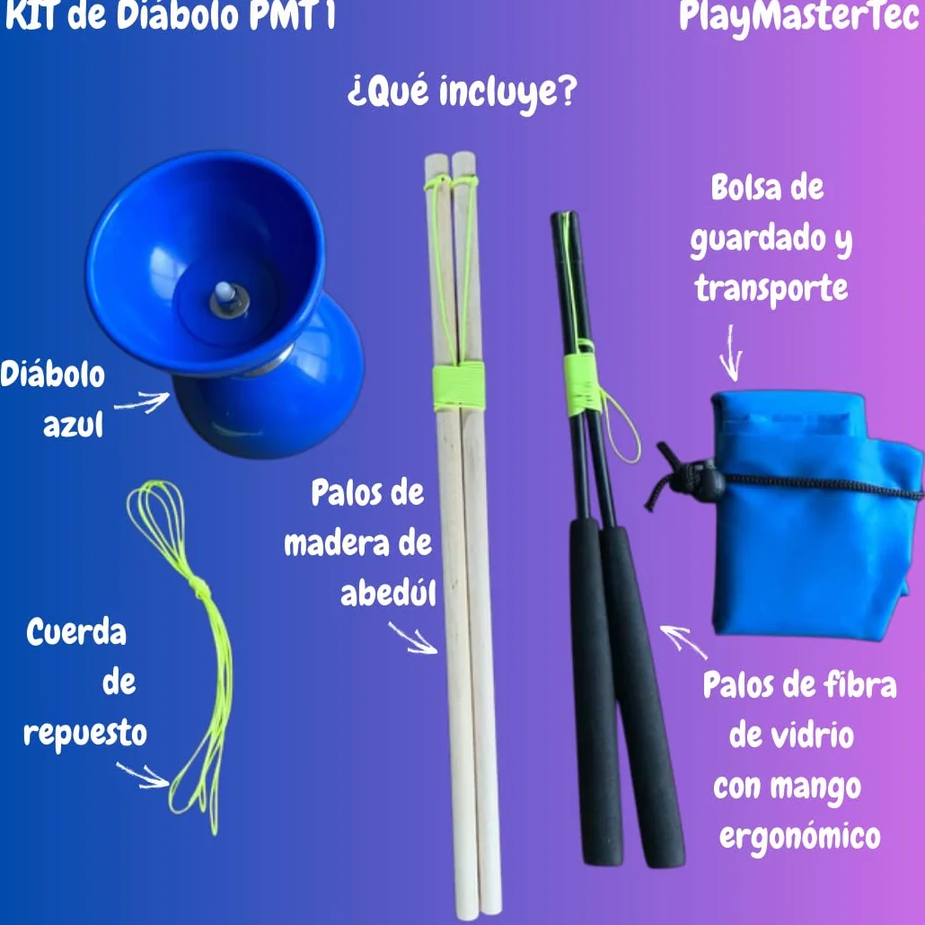 Diábolo Azul Eje Fijo Kit 2 Juegos de Palos niños y Adultos Regalo Ideal