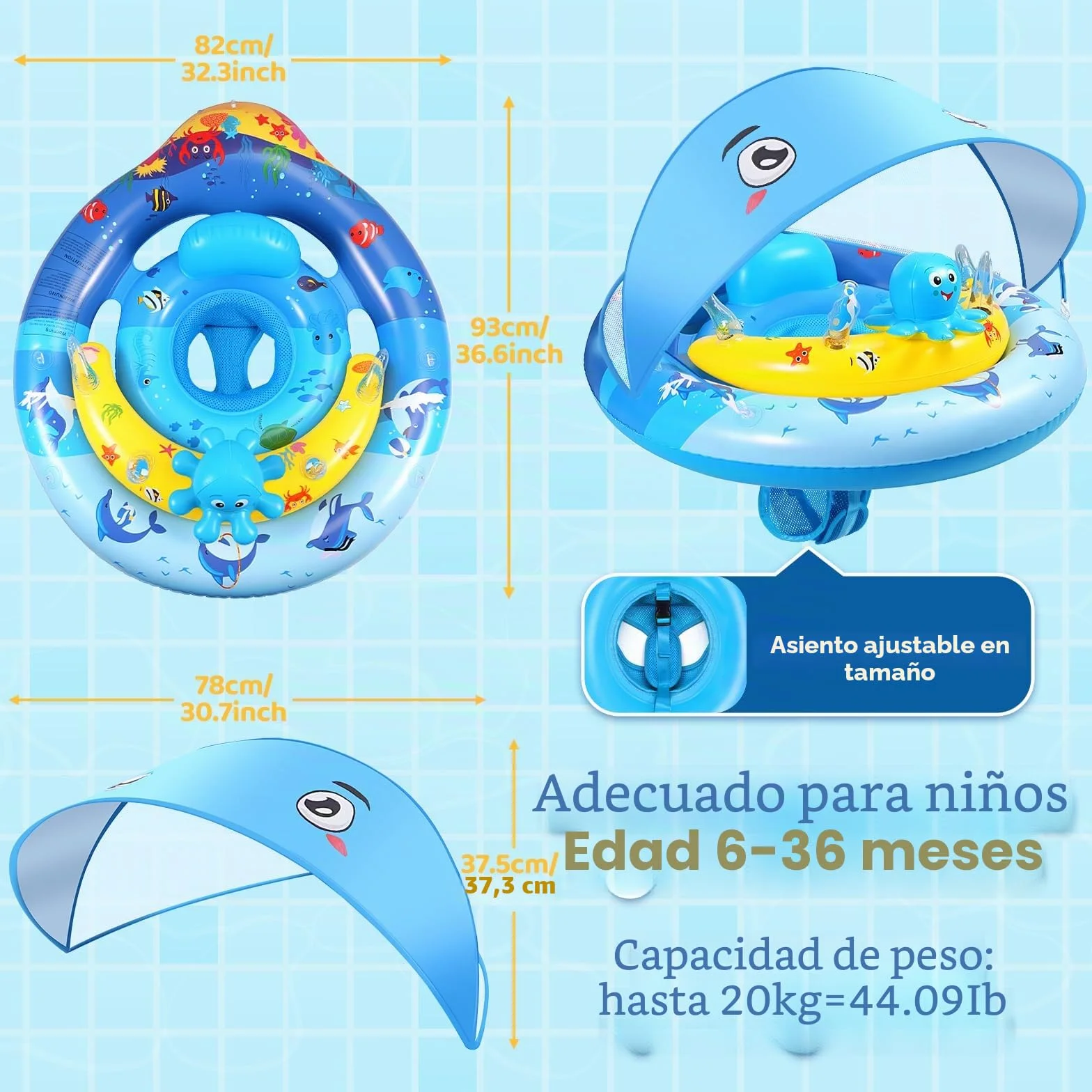 ZOOI Flotador Bebe con Sombrilla Partir de 6 Meses, UPF 50+ Flotador Bebe con Sombrilla y Asiento de Seguridad, Entrenador de NatacióN Adecuado Para 10-20 KG, Bola de Equilibrio Para Evitar Vuelcos