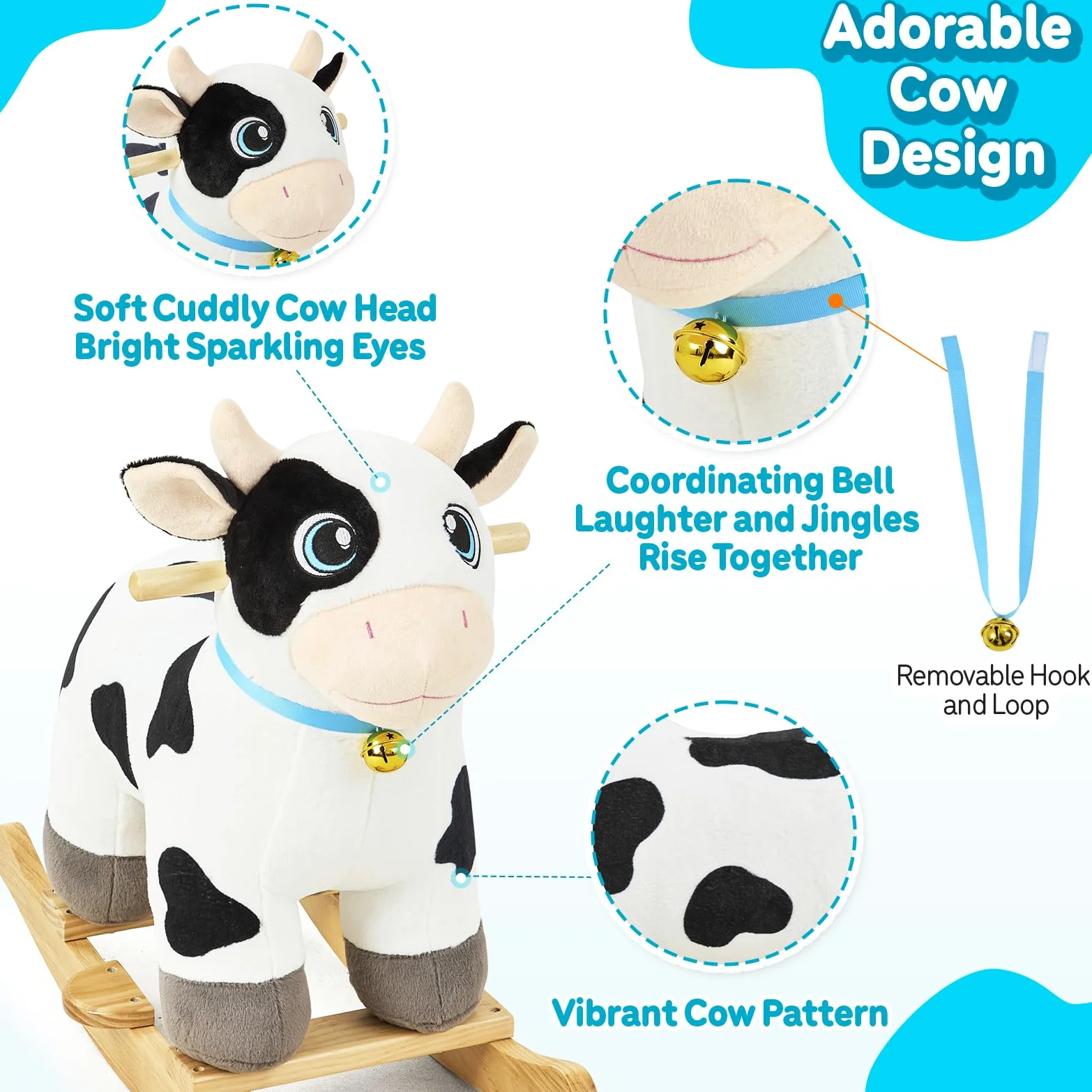 FUNLIO Caballo balancín Vaca para 1-3 años, Adorable para bebé con Cabeza Suave, Ojos Brillantes y Campana Sonora, Modelo de Peluche fácil de Montar, Certificado CPC