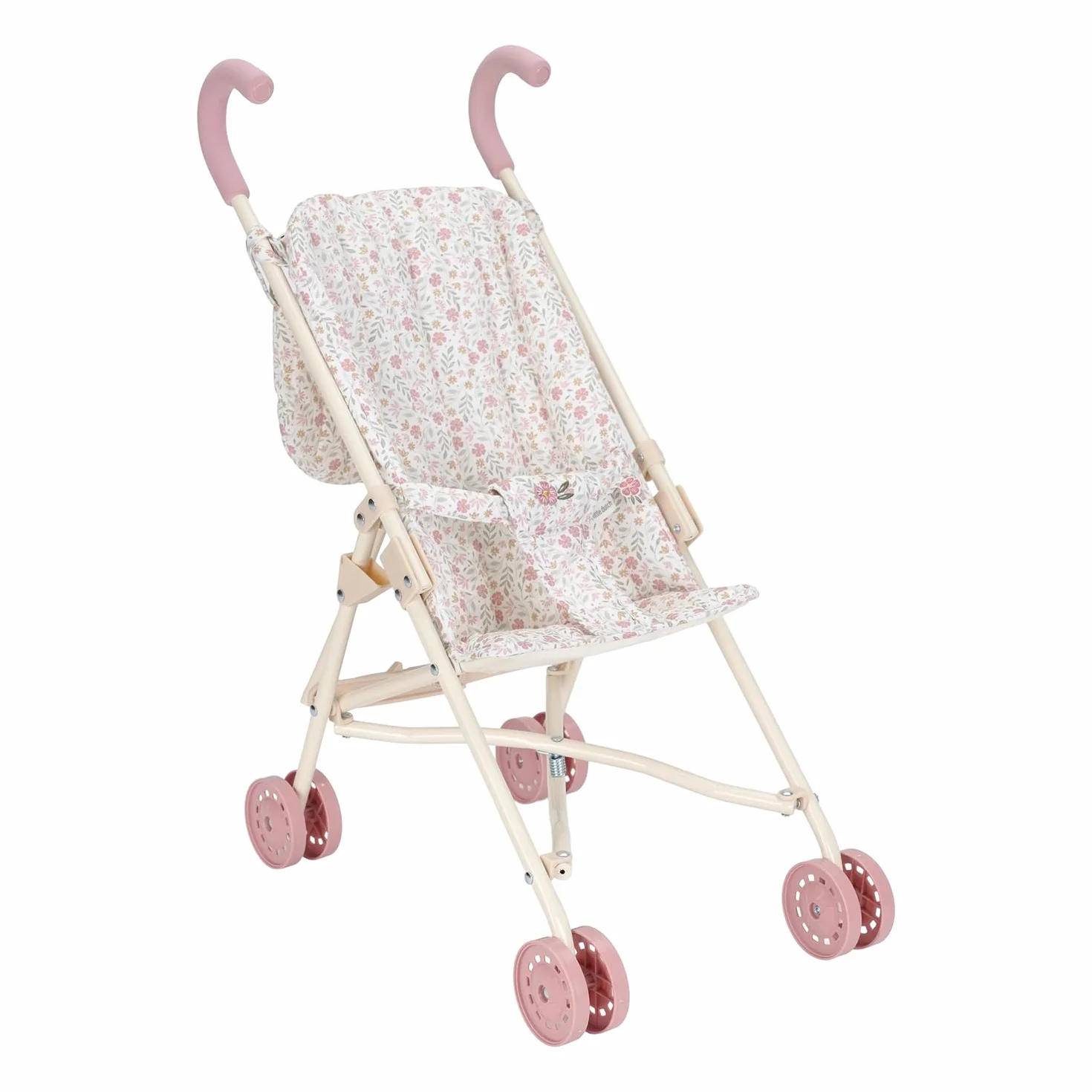 Little Dutch Cochecito de muñecas plegable de metal con asas suaves y bolsa – para muñecas de 33-46 cm, Soft Flowers rosa/blanco