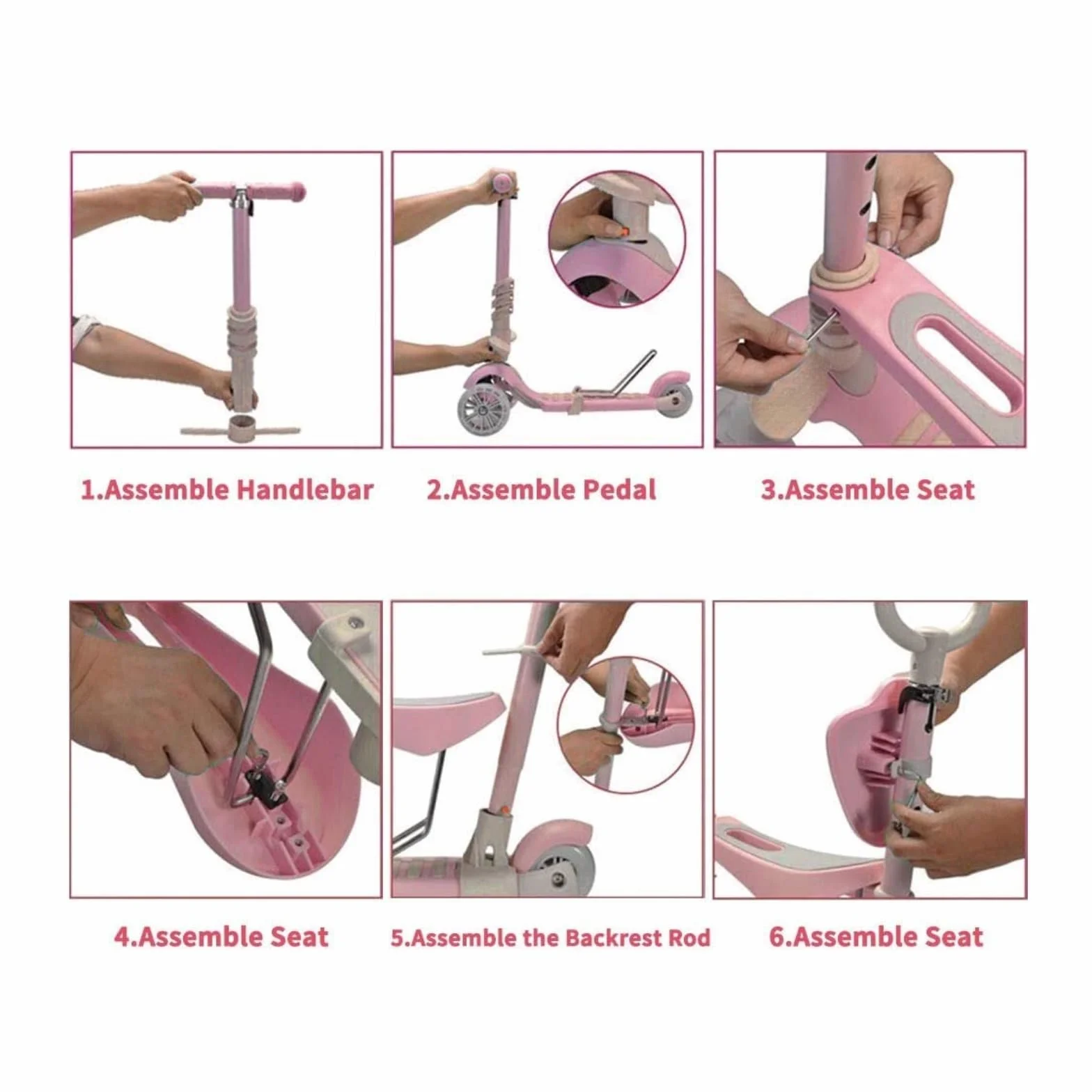 Patinete para Niños 5-en-1 con Asiento Extraíble, 3 PU Ruedas Parpadeantes, Manillar de Altura Ajustable, Respaldo cómodo, Fácil de Dirigir, Patinete Infantil para Niños y Niñas de 1 a 6 Años