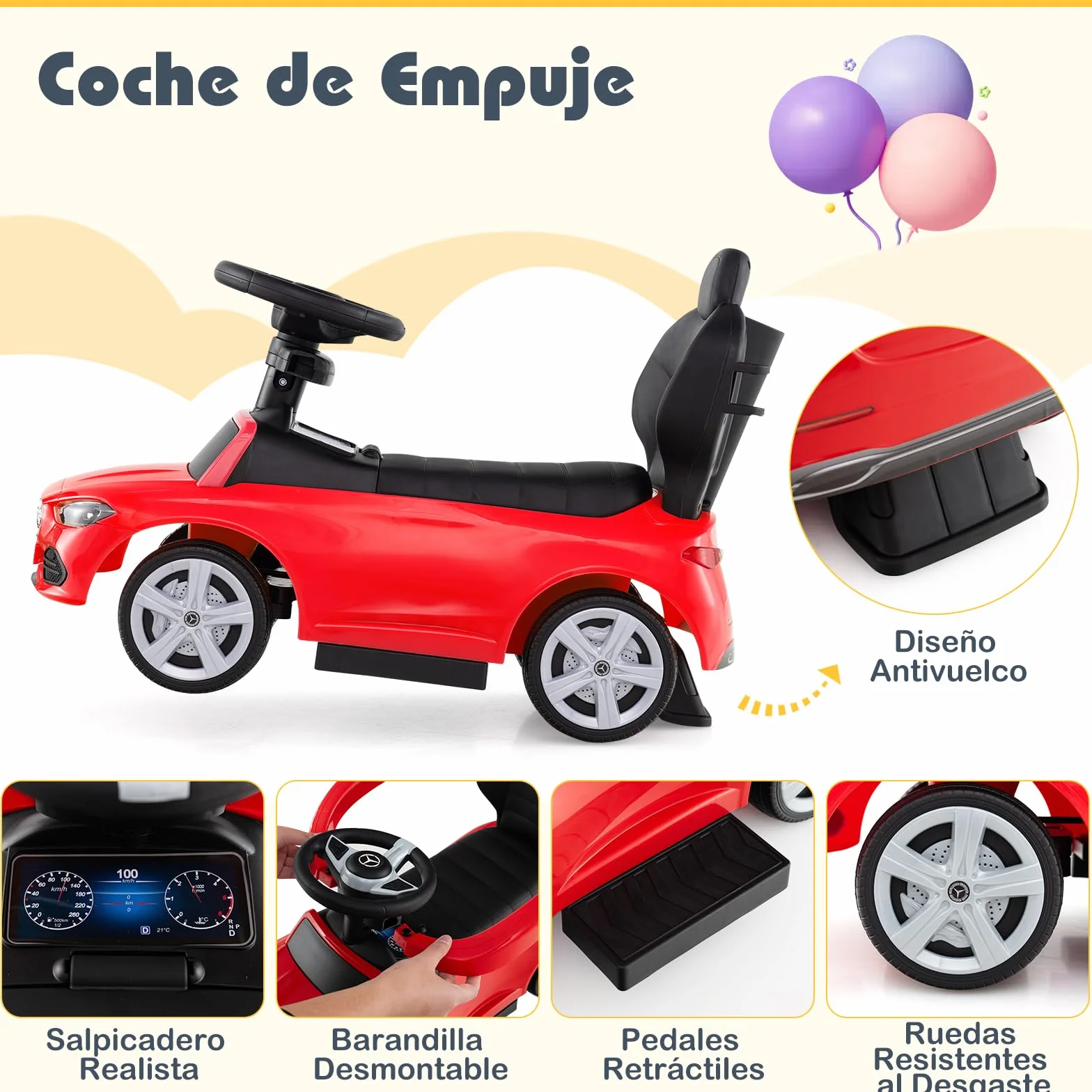 COSTWAY Coche Correpasillo 3 en 1 para Niños, Coche de Juguete con Barra de Empuje y Capota Ajustable, Coche con Pedal y Bocina para Niños de 18-36 Meses con Sonido (Rojo)