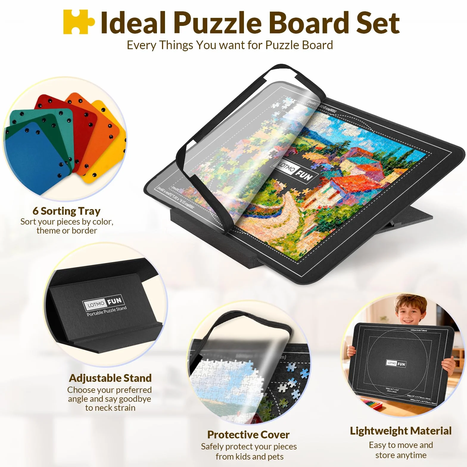 Tablero para Puzzle 1000 Piezas, Soporte Ajustable en ángulo, Tablero de Puzzle de Fieltro Ligero con 6 bandejas de clasificación y Cubierta, Mesa de Rompecabezas portátil