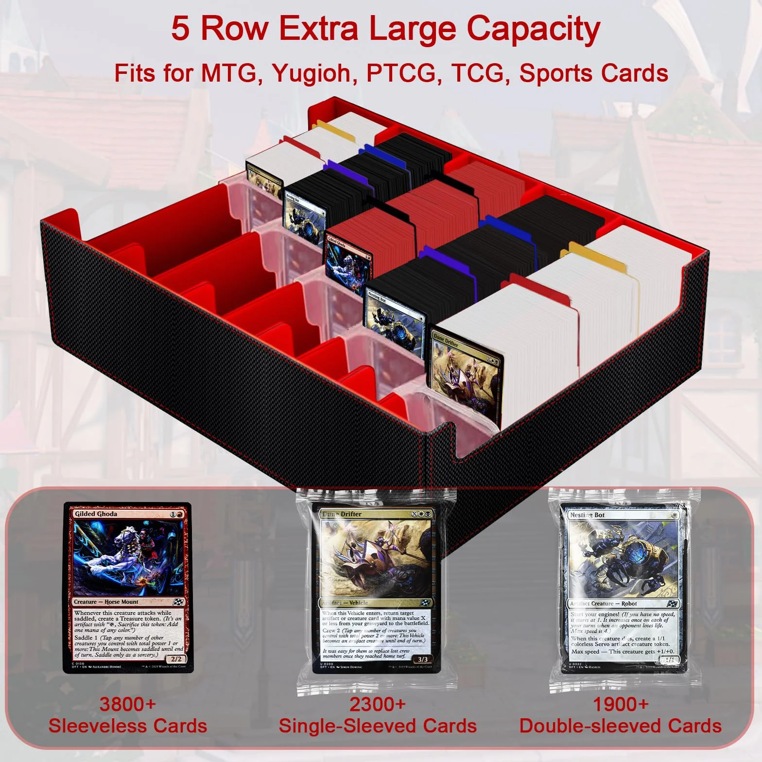 Caja Cartas Magic para TCG/Magic the Gathering (MTG)/ YuGiOh/Commander Card Deck Box para más de 3800+ Cartas, Magnetic Flip PU Cuero Deckbox Caja Cartas con 24 Divisores y 5 Soportes