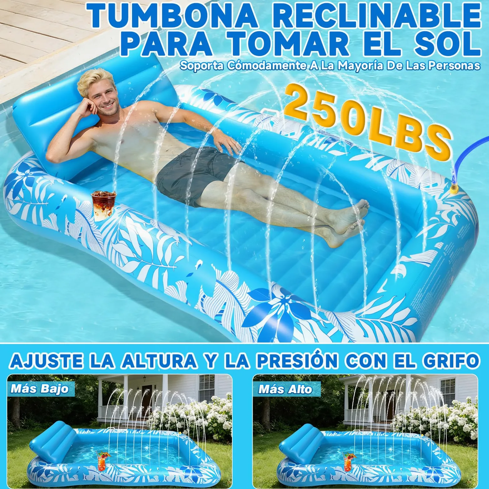 Colchonetas Piscina Adultos, Flotador Inflable Piscina Aspersor 210 × 130 cm, Colchoneta Hinchable Piscina - Cojines & Posavasos, Tanning Pool Piscina, Jardín, Césped, Playa