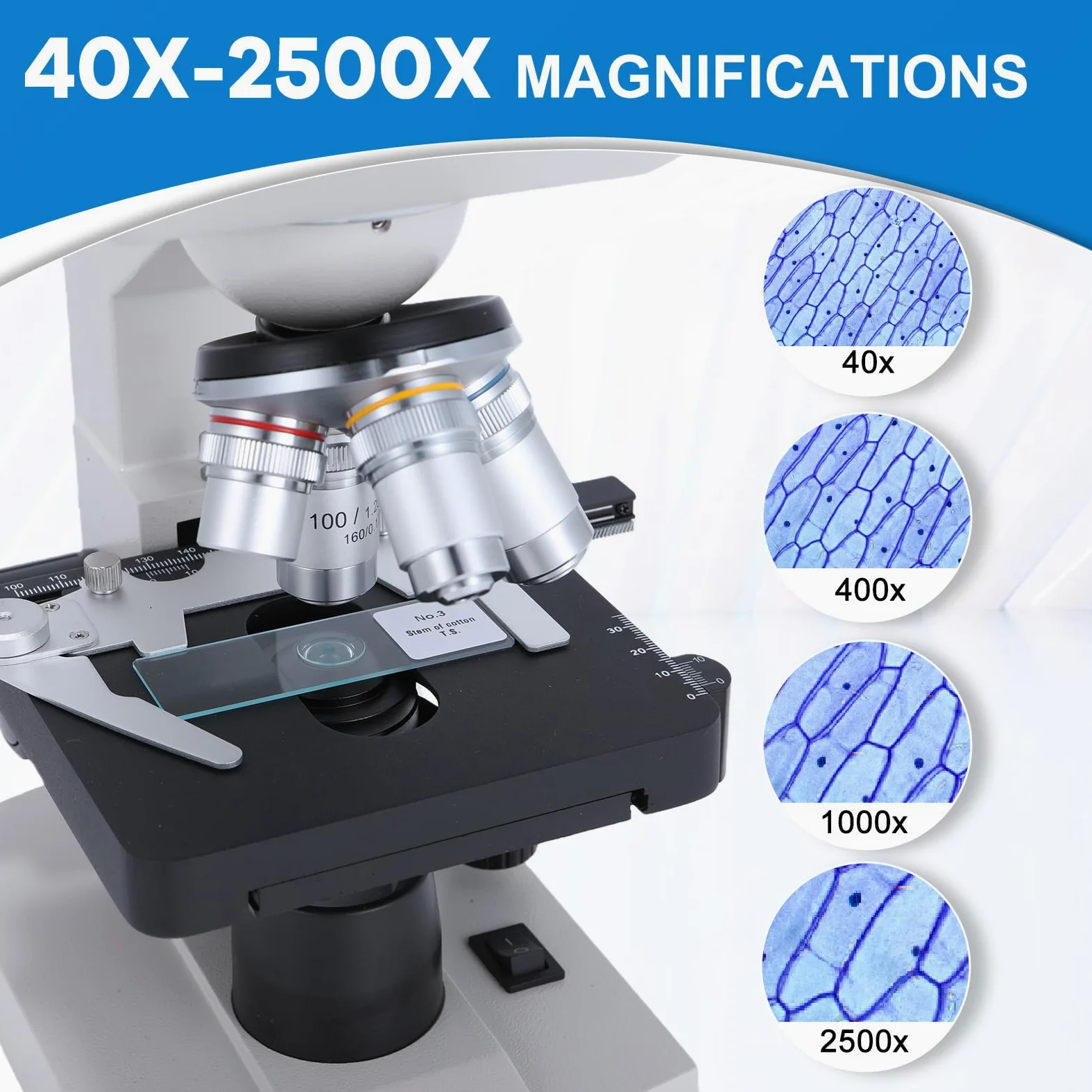 Microscopio compuesto binocular de laboratorio profesional 40X-2500X para investigación clínica, 4 objetivos acromáticos, etapa mecánica de doble capa, enfoque coaxial, alcance LED de alta precisión