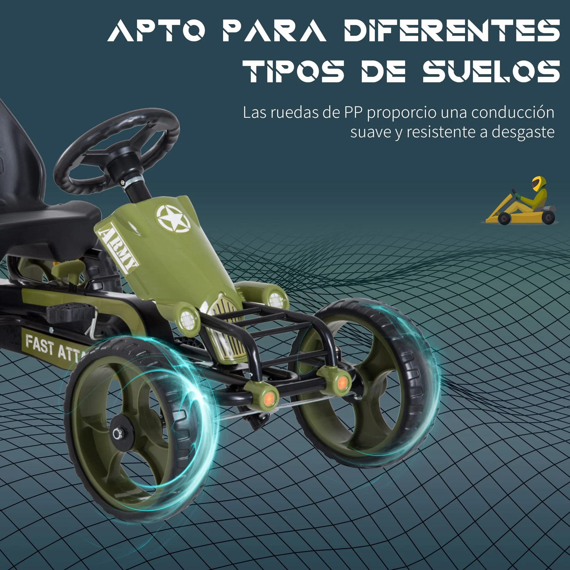 HOMCOM Go-Kart a Pedales para Niños de +3 Años Coche de Pedales con Embrague Freno Asiento Ajustable Carga Máx. 35 kg 105x54x61 cm Verde