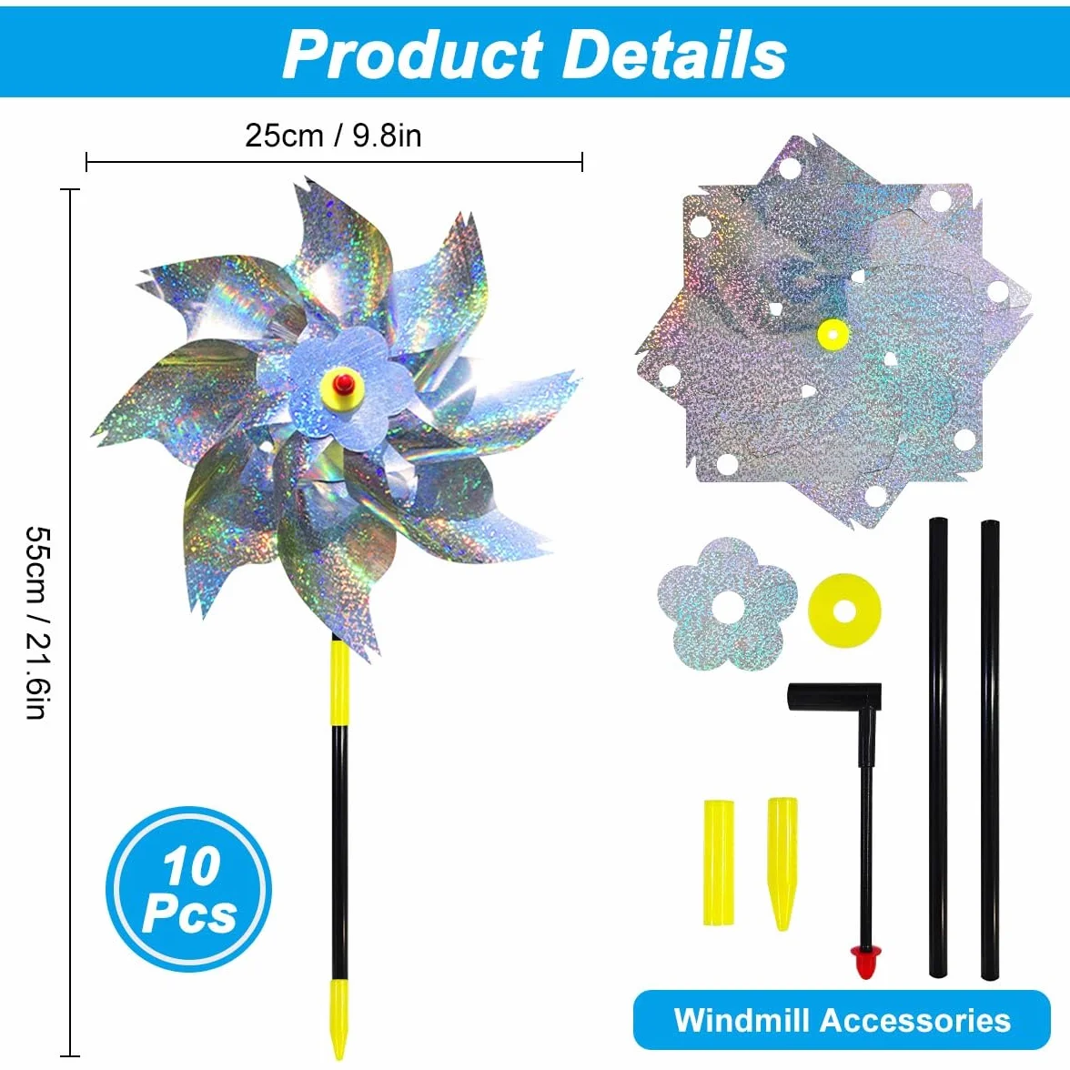 Molino de Viento Reflectante, 10 Piezas Molinillos de Viento para Pajaros, Repelentes de Molino de Viento, Repelente de Aves, Molinillo de Viento Jardin para Proteger Jardines Huertos Patios (A)