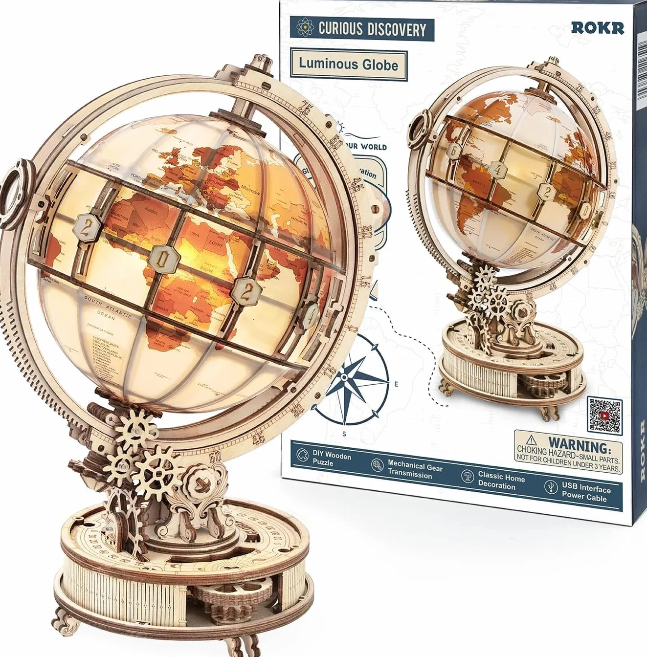 ROKR Puzzle 3D Madera Globo Luminoso Maquetas de Madera para Construir Maquetas para Montar, 180 Piezas, Luminous Globe