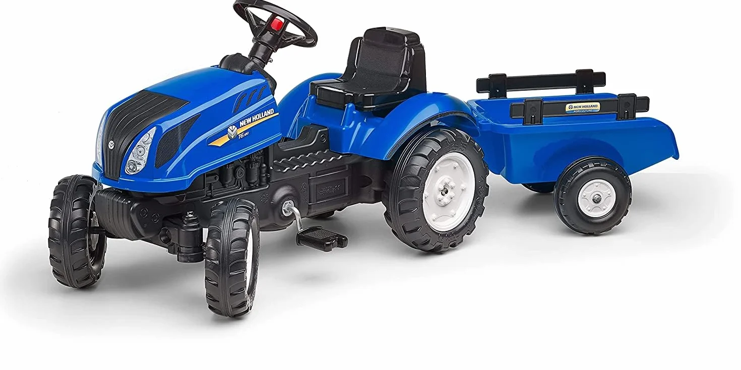 Falk - Tractor de Pedales New Holland con Remolque - A Partir de 2 años - Fabricado en Francia - Capó abatible - Volante direccional con bocina - 3080AB