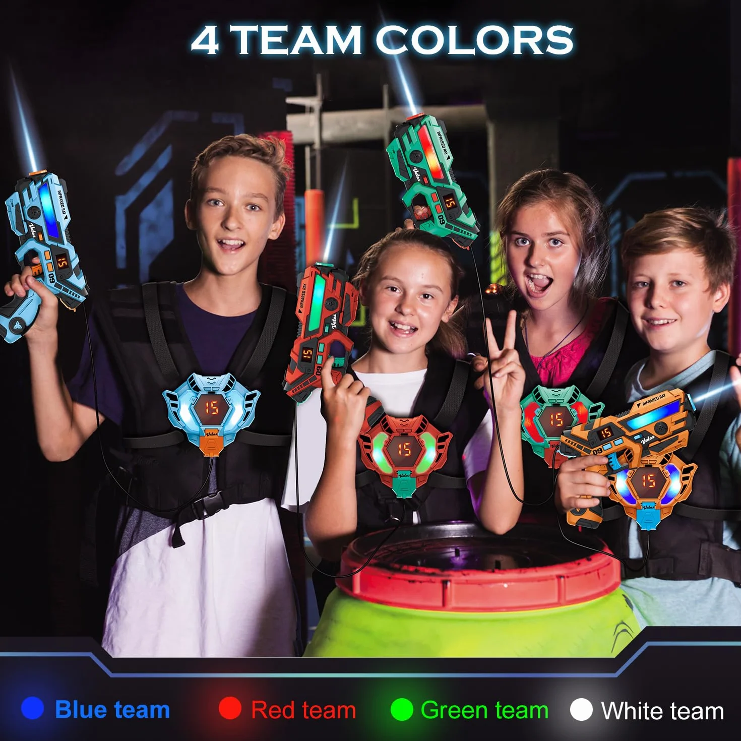 VATOS Recargable Laser Tag Set 4 Packs - En Tiempo Real de Datos Sync Infrarrojos Laser Tag Sets, 4 Jugador Lazer Tag Juego de Disparos para Niños Adolescentes Edad 6-12 años