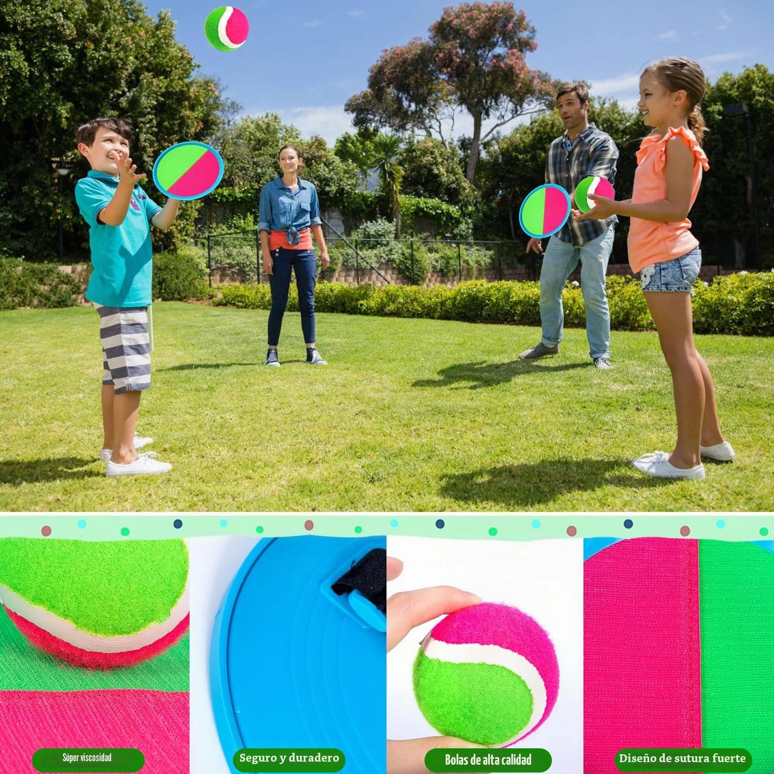 Juguetes Playa Juego de Bola y Lanzamiento Adecuado para niños de 3 4 5 6 años Ligero Klettballspiel Lanzamiento Pelota Juegos niño Adulto con 4 Raquetas 4 Pelotas Adecuado para Jardines