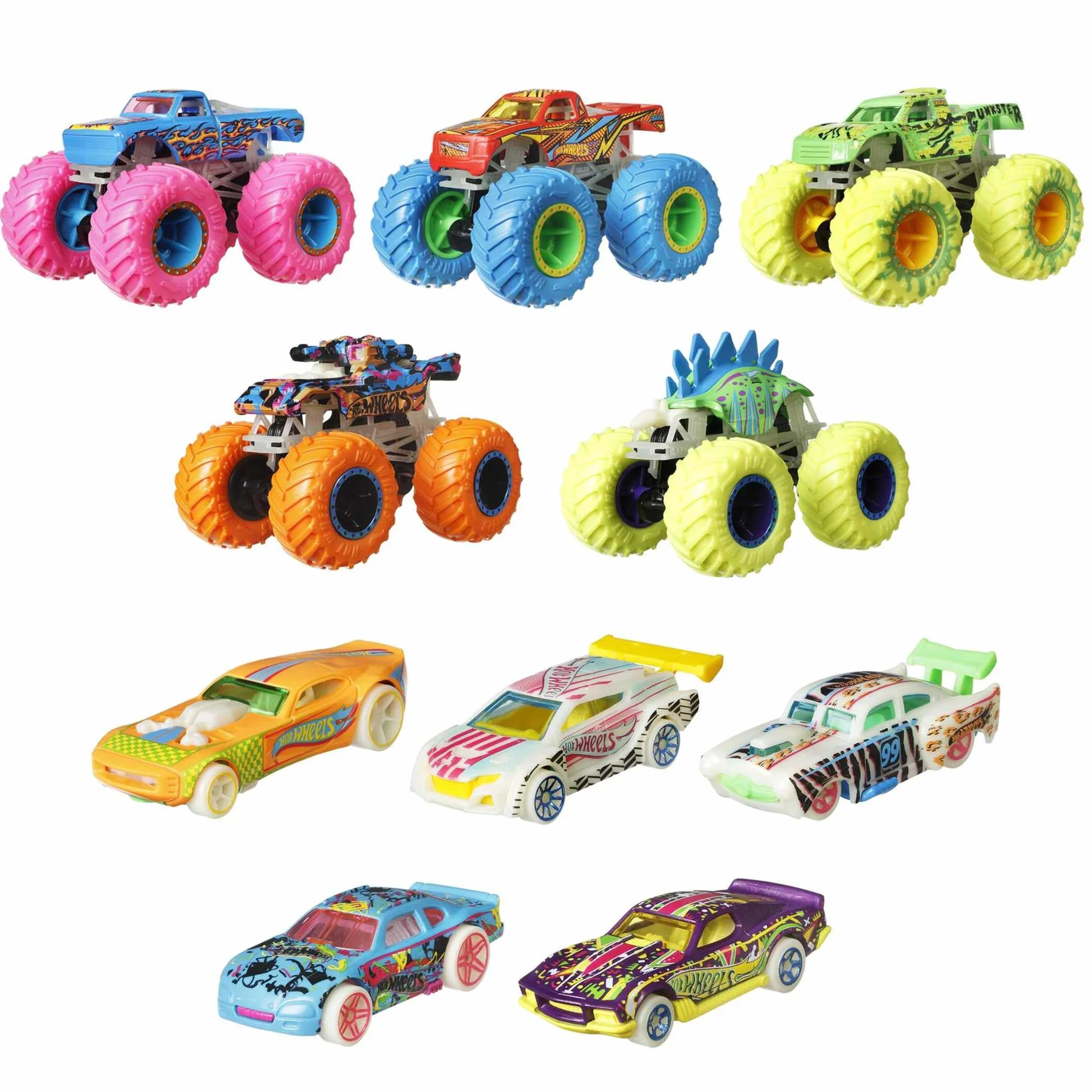 Hot Wheels Multipack Glow in The Dark™ Monster Trucks 10 vehículos de Juguete: 5 Monster Trucks y 5 Coches a Escala 1:64, Regalo Coleccionable para niños de Entre 4 y 8 años, HCB57