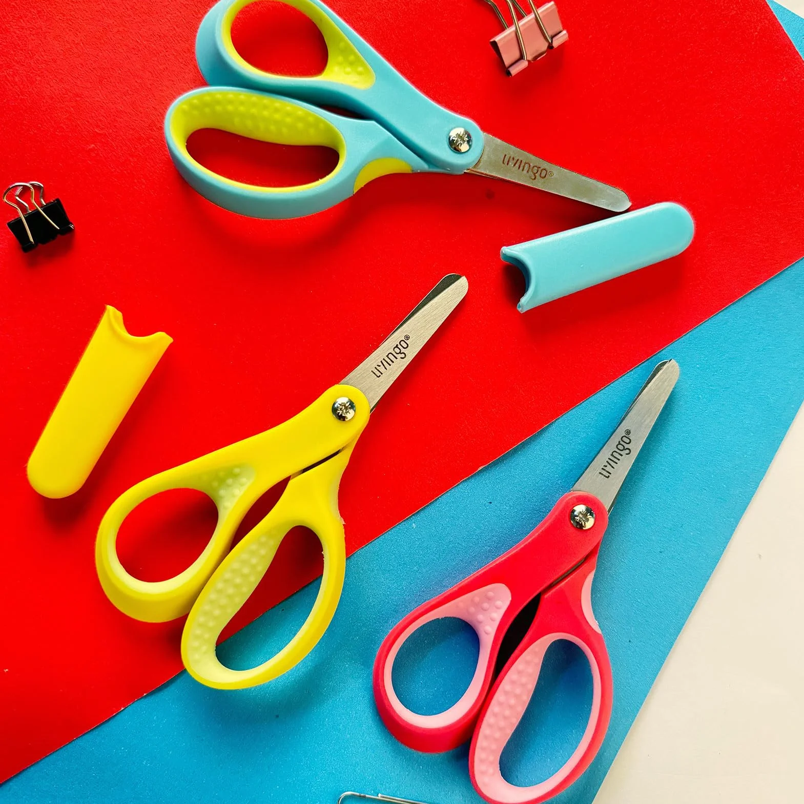 LIVINGO Tijeras para zurdos, 12,7 cm, punta roma, acero inoxidable, tijeras de seguridad para niños, niños pequeños, aulas, papel de manualidades, amarillo, rosa, azul, paquete de 3