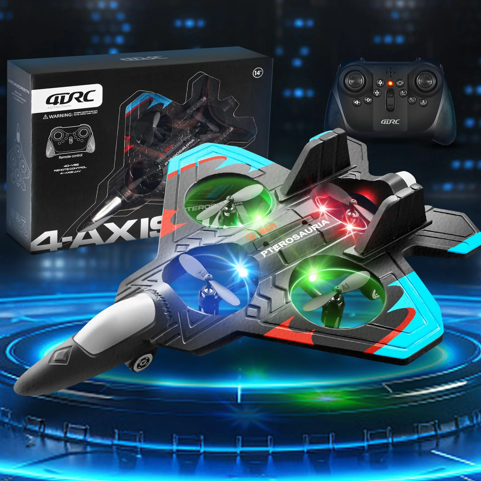 4DRC Avión V32 Controlado por Radio, para Niños >8 Años, Jet con Luces, Giro 360°, Mantenimiento de Altura, Modo sin Cabeza, Arranque un Clic, Regalo de Juguete al Aire Libre para Adultos y Niños