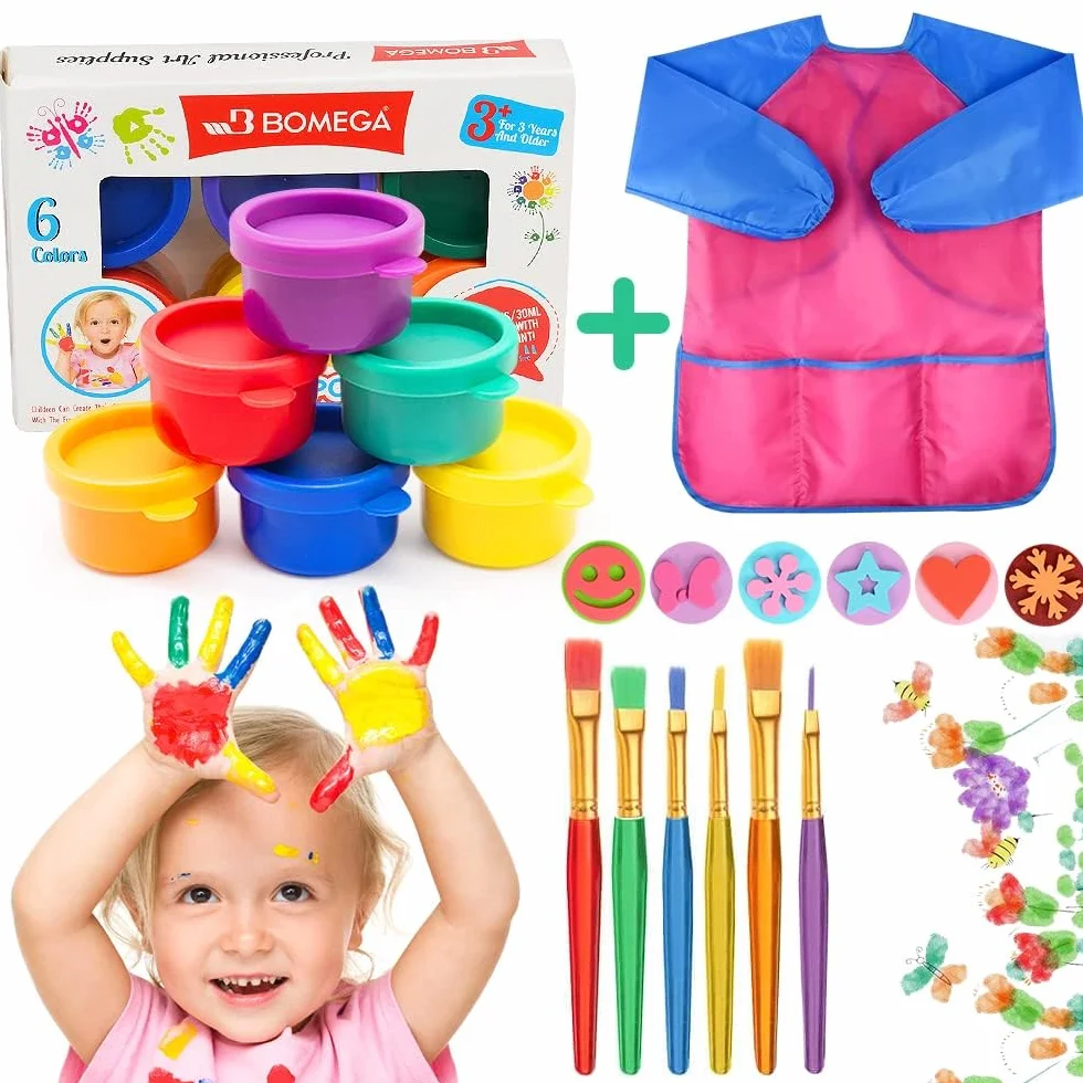 Lavable Pintura de Dedos Para Niños Pequeños, 30ML con Delantal , Pincel, Juegos Herramienta de Pintura No Tóxico y Seguro para Bebés, Juguetes Dibujo
