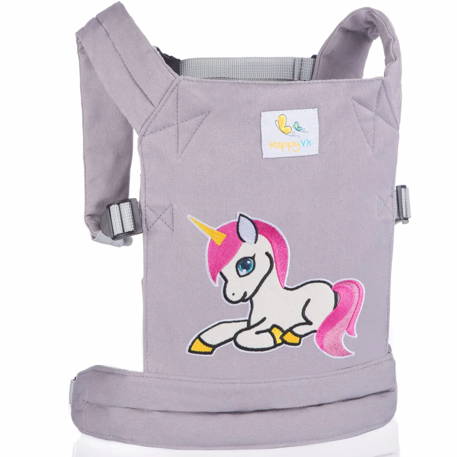 Mochila Portamuñecas para Niños Pequeños, Porta Muñecas Transporte Delantera y Trasera, Gris con Bordado de Unicornio
