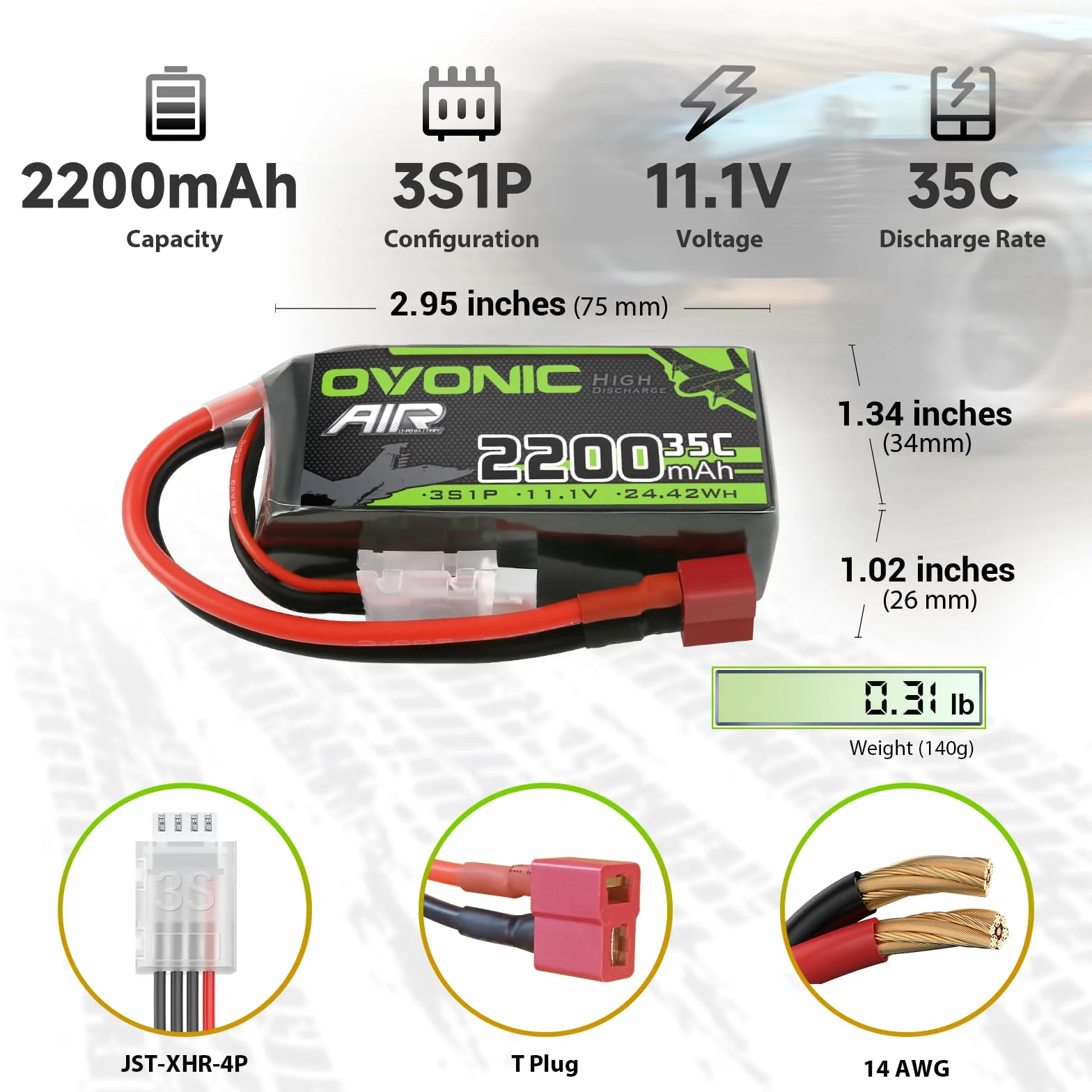 OVONIC Batería Lipo 3s 35C 2200mAh 11.1V Batería Corta con decanos para RC Heli Airplane Quadcopter RC Car Multi-Motor Helicopter DIY Hobby (2 Piezas)