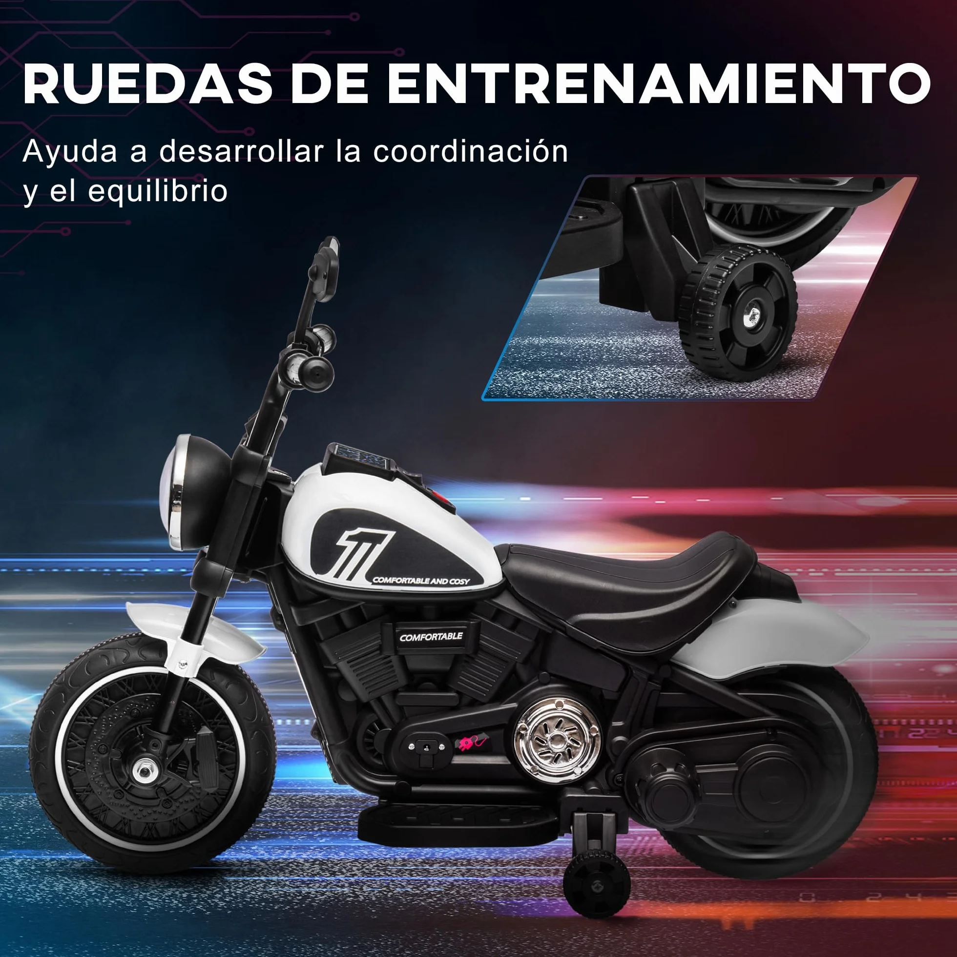 HOMCOM Moto Eléctrica para Niños 18-36 Meses, Batería 6V, Faro, Ruedas Auxiliares, Carga 25 kg, Blanco