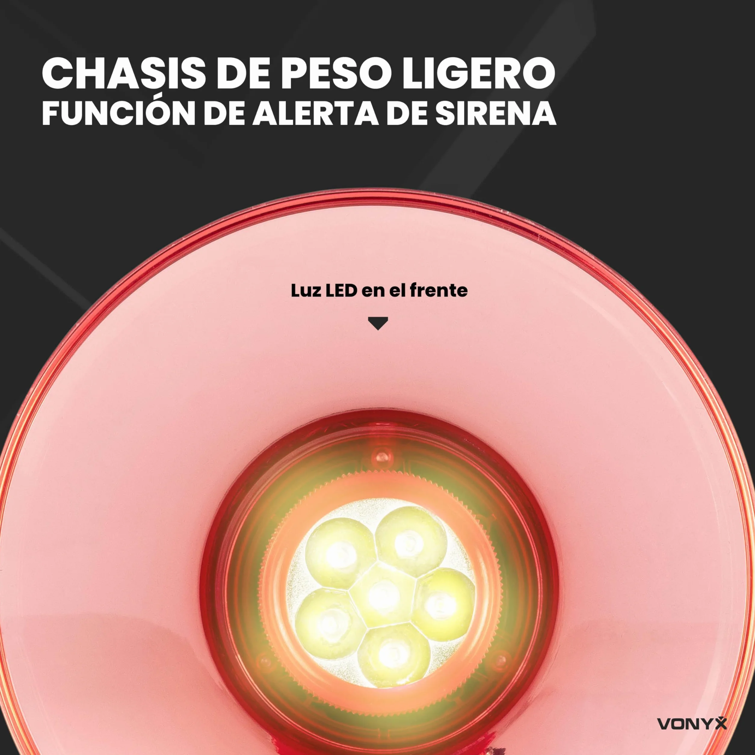 Vonyx MEG050 Megáfono 50W 1000m Alcance Batería Recargable Sirena Micrófono LED Bluetooth MP3 USB SD AUX Rojo