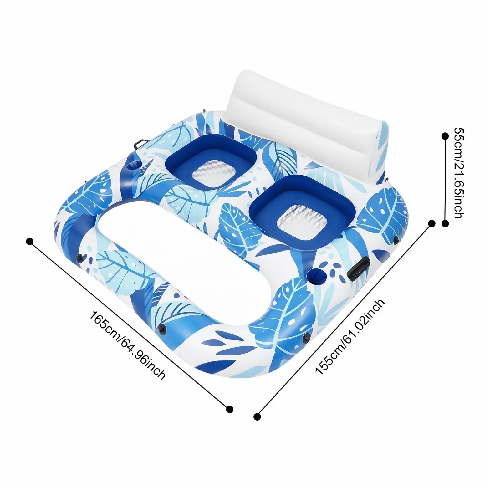 Sillón de piscina hinchable para 2 personas, colchón de aire de vacaciones para adultos con red, silla de piscina grande, tumbona de agua con soporte para bebidas y asa, azul cielo, 165 x 152 x 55 cm