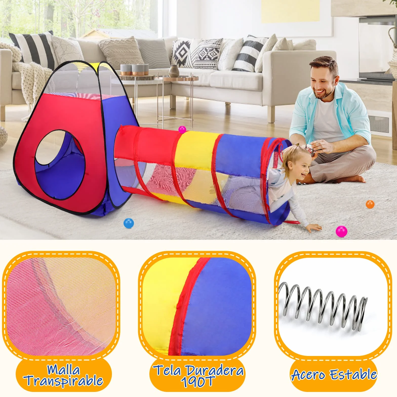 Tienda Campaña Infantil + Piscina de Bolas + Túnel Plegable 3 en 1 Pop Up, Opret Parque de Bolas Exterior o Interior, Juego de Regalo para Niños (No Incluye Las Bolas)